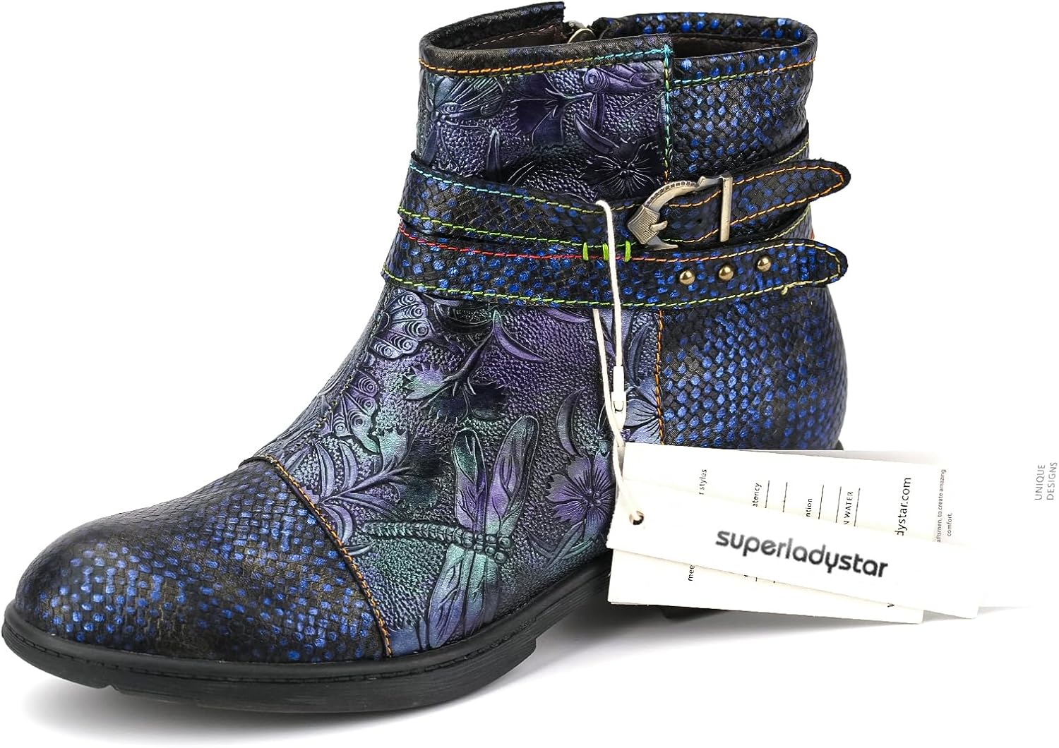 Superladystar's Genuine Leather Handmade Women's Flat Shoes, handmade dragonfly embossed, Vintage Style, Wide, Comfortable