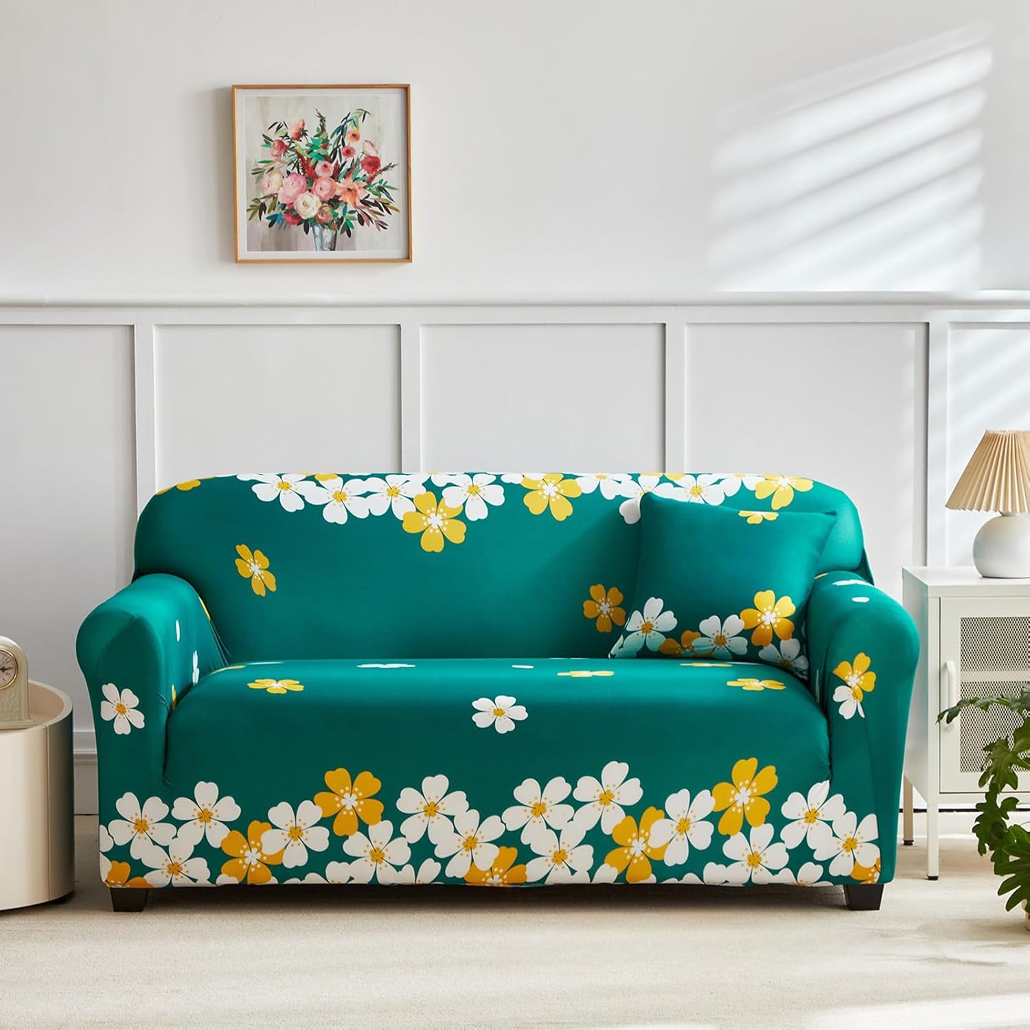 Sofa Cover for Living Room Universal Washable Couch Slipcover with One Pillow Case Stretch Printed Furniture Protector(Green Flower,3 Seater)