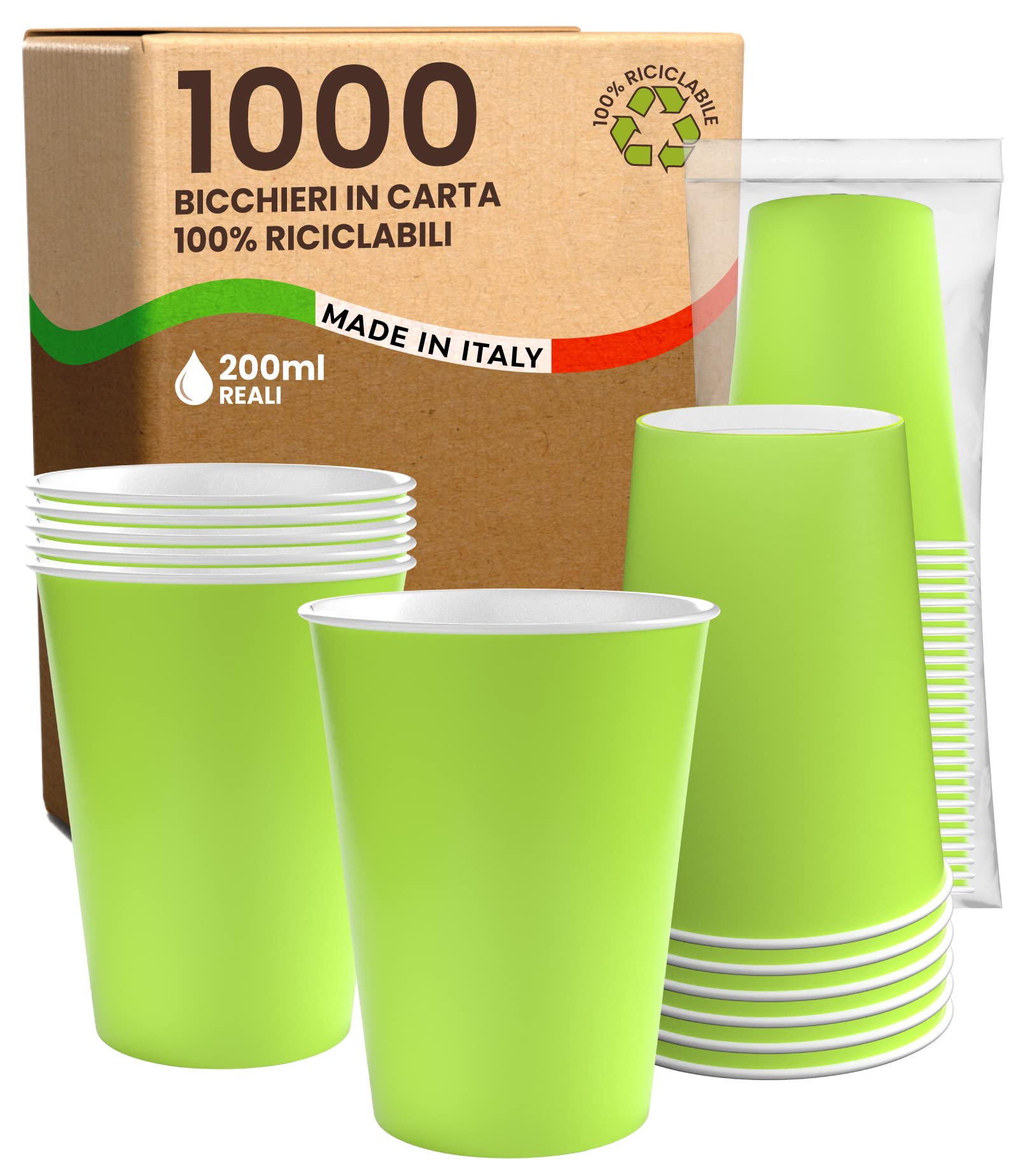 Baciato Caffè 1000 Bicchieri in Carta 200ml Ecologici Biodegradabili Monouso Made in Italy Asporto Bevande Calde Acqua Colorati VERDE - Prodotto e Confezionato in Italia