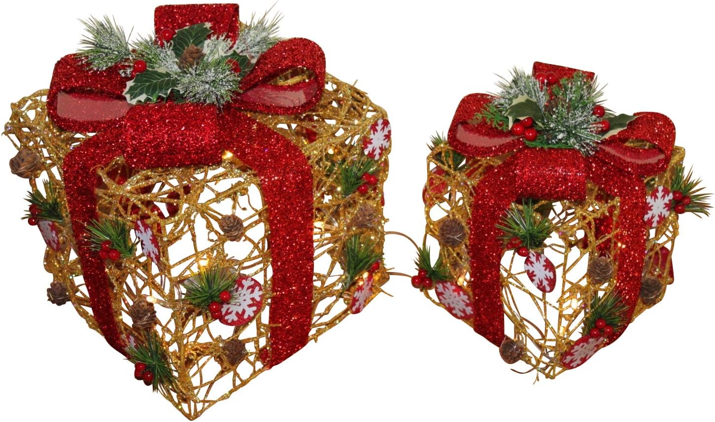 Set of 2 Light Up Christmas Gold Rattan Parcels with Red Bow With