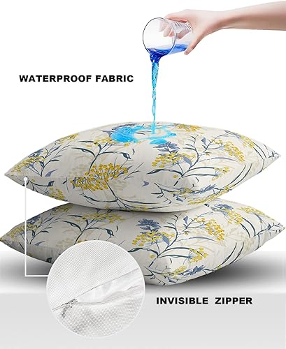 Miniatura 4 de Fundas de almohada para exteriores, impermeables, con diseño de plantas amarillas, bayas, azules, paquete de 2, estilo bohemio, botánico en beige,
