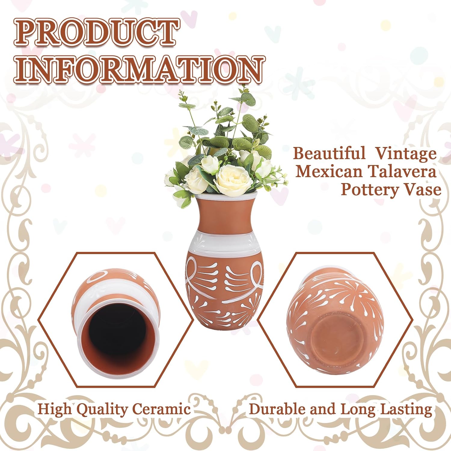 9.5 Inch Mexican Vase Clay for Cielito Lindo Party Handmade Mexican Flower Pot Terracotta Vase Centerpieces Hand Painted Mexicanos Talavera Pottery Cinco De Mayo Decor for Tables