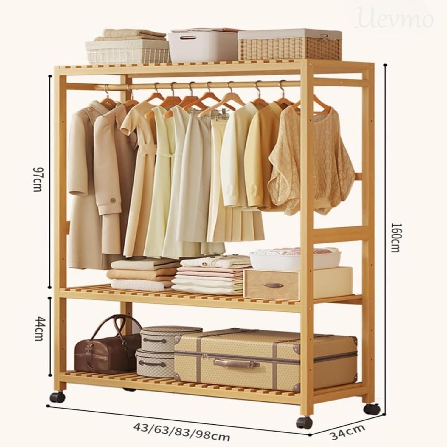 Uevmo 棚 衣類乾燥 ワードローブ 木製 頑丈 キャスター付き フック 棚 耐荷重10kg クローゼット 寝室 玄関 家庭 組み