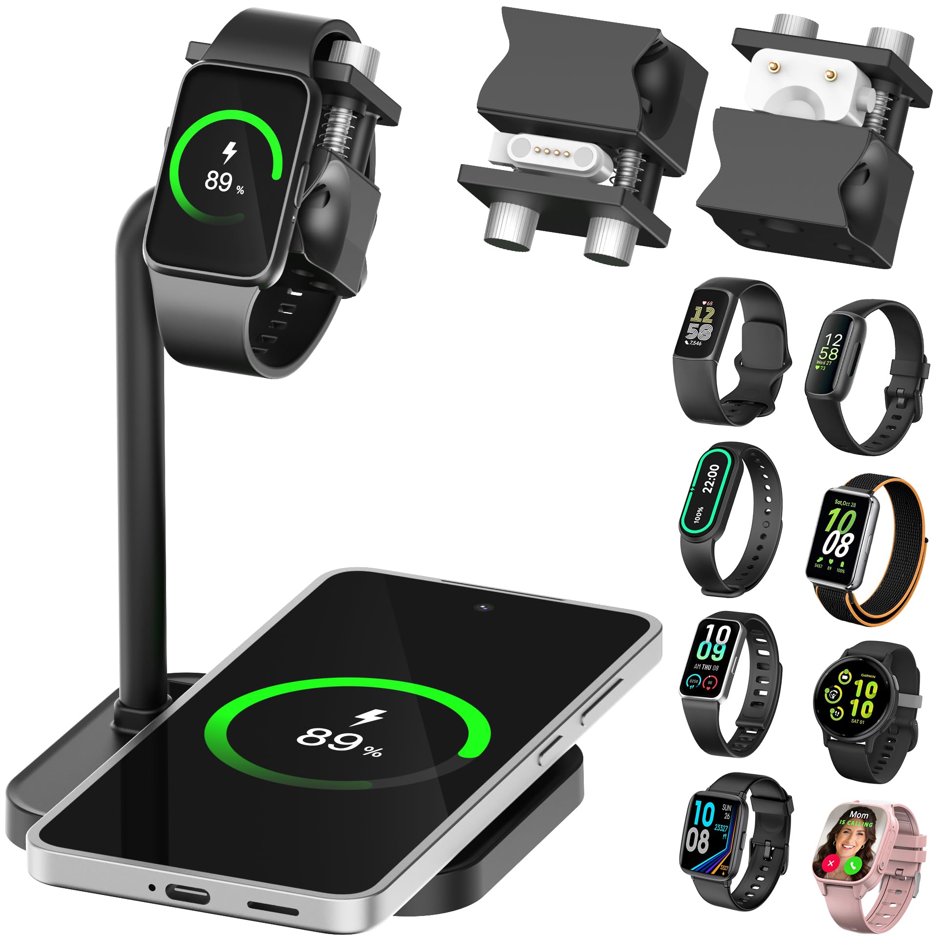 Station de charge universelle sans fil 2 en 1 avec support de bracelet intelligent réglable, compatible avec Samsung/Xiaomi/Amazfit/Fitpolo/GRV/AGPTEK/Fire-Boltt (03SW-B)