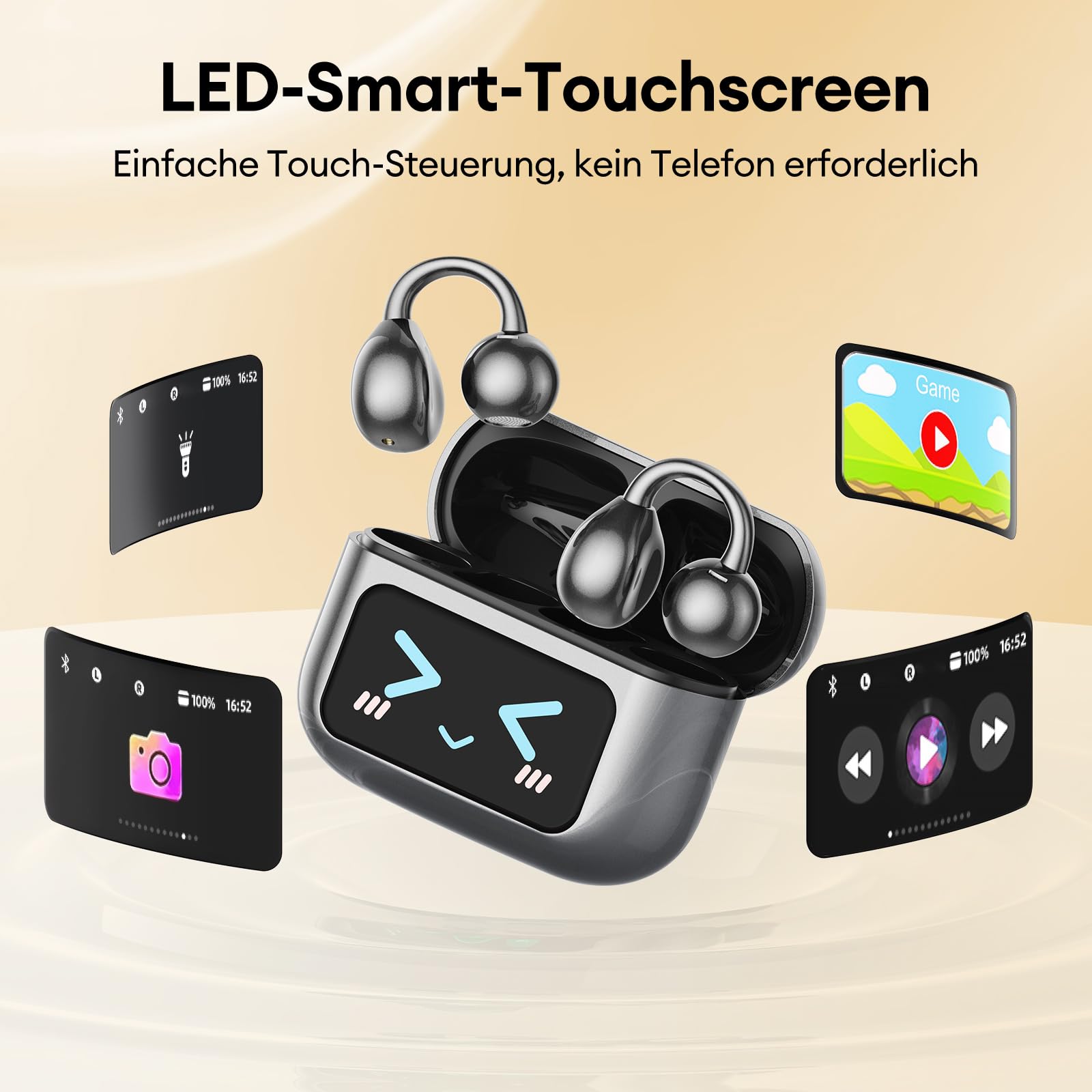 Clip On Kopfhörer Open Ear Kopfhörer Kabellos Bluetooth 5.4 mit Intelligentem Touchscreen 4.1g Leichtgewicht Kopfhörer Sport, 60 Std Wireless Earbuds für Fitness, Laufen, Büro, M100 Schwarz