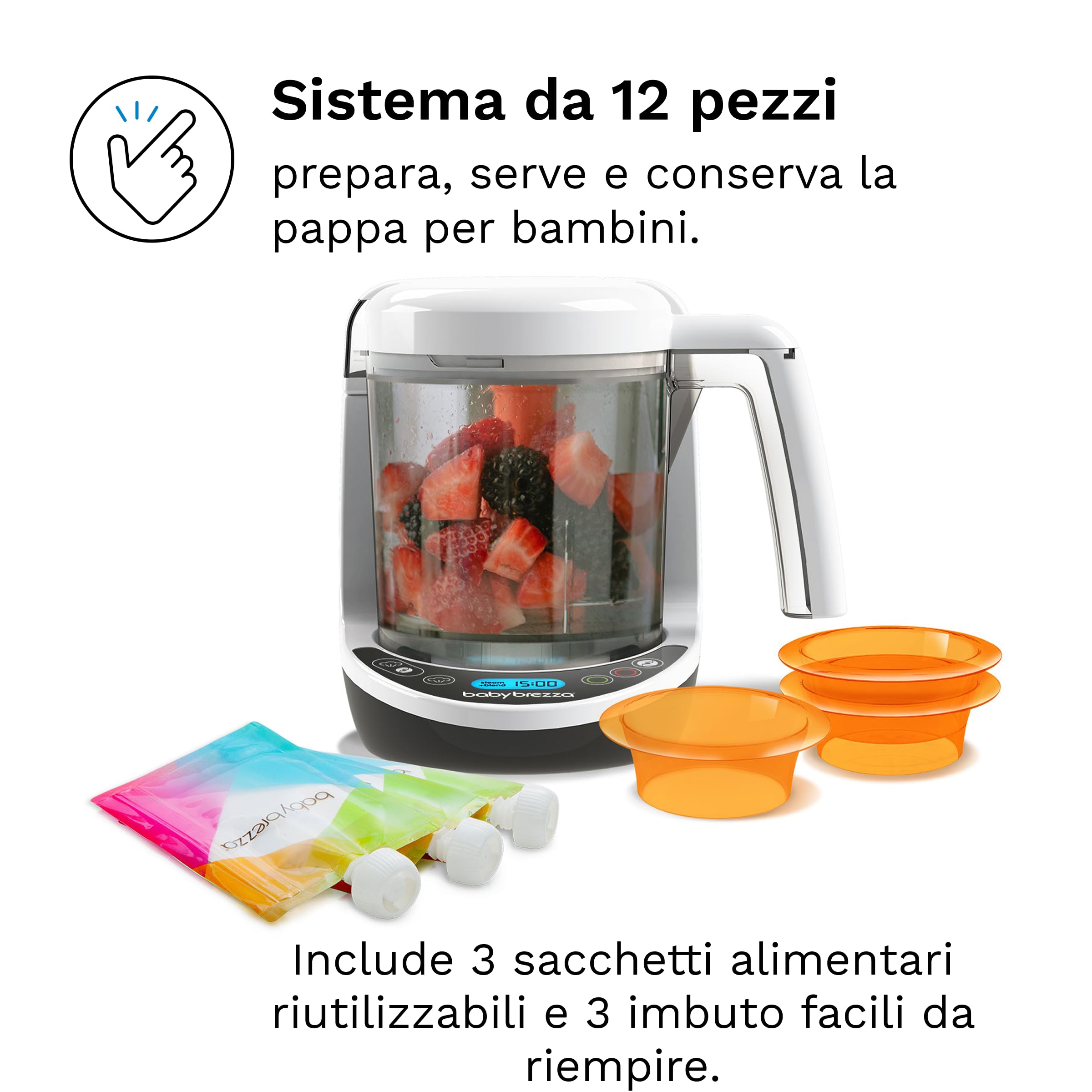 Baby Brezza Food Maker Deluxe Bianco Cuocipappa Omogeneizzatore Neonati Vapore Frullatore Pappe Spegnimento Automatico Lavabili Lavastoviglie 3 Sacchetti