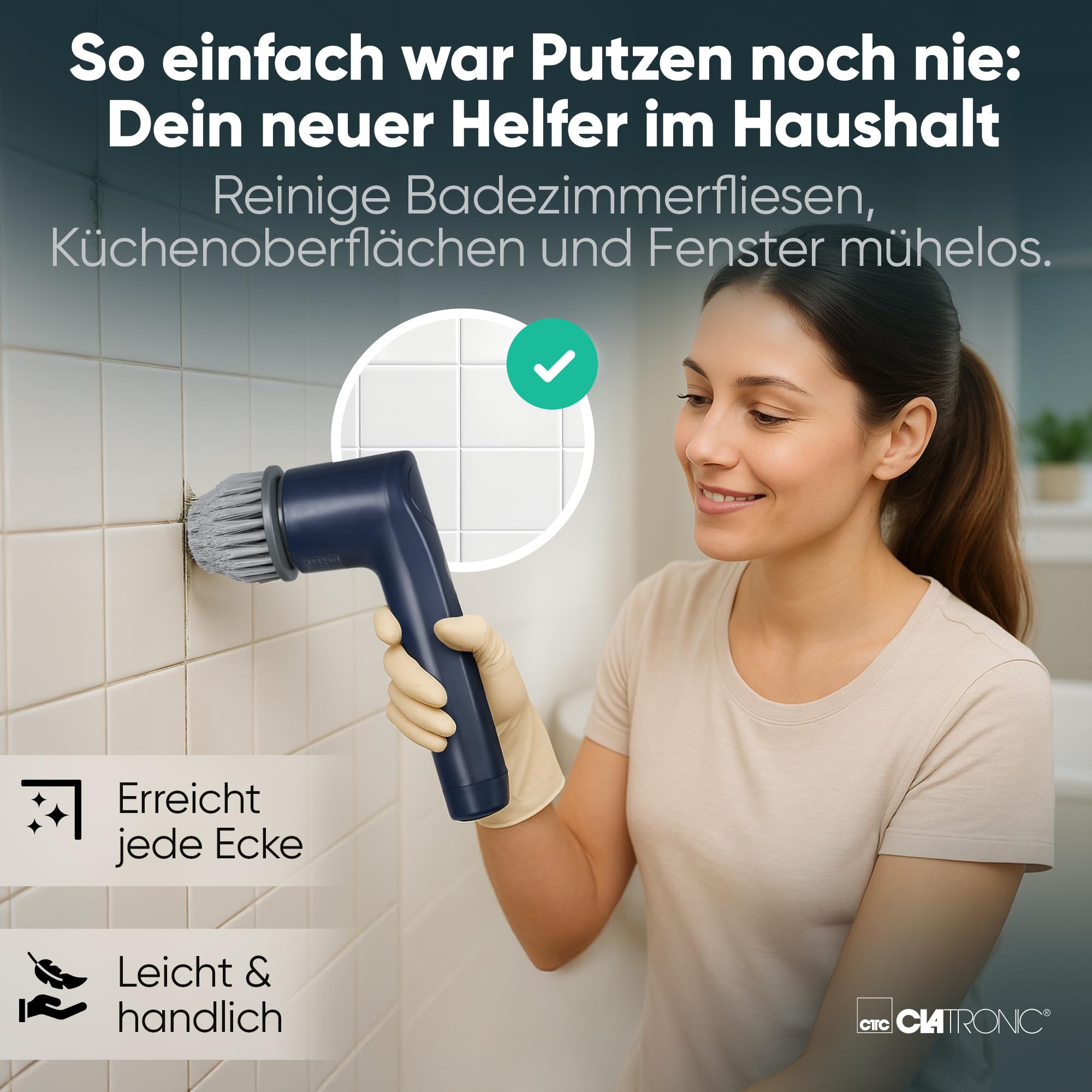 Clatronic, Bezprzewodowa elektryczna szczotka do czyszczenia ERB3815A - mocna, 300 obr./min, czas pracy 90 min, kompaktowa, 8 akcesoriów w zestawie, idealna do płytek, grilli, samochodów