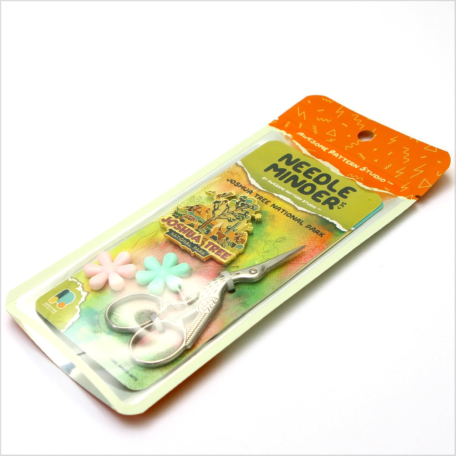 Awesome Pattern Studio Needle Minder Set - Joshua Tree Magnetic Needle Minder + 2 Needle Threaders + Crane Scissors. Enamel Pin for Cross Stitch, Embroidery and Craft