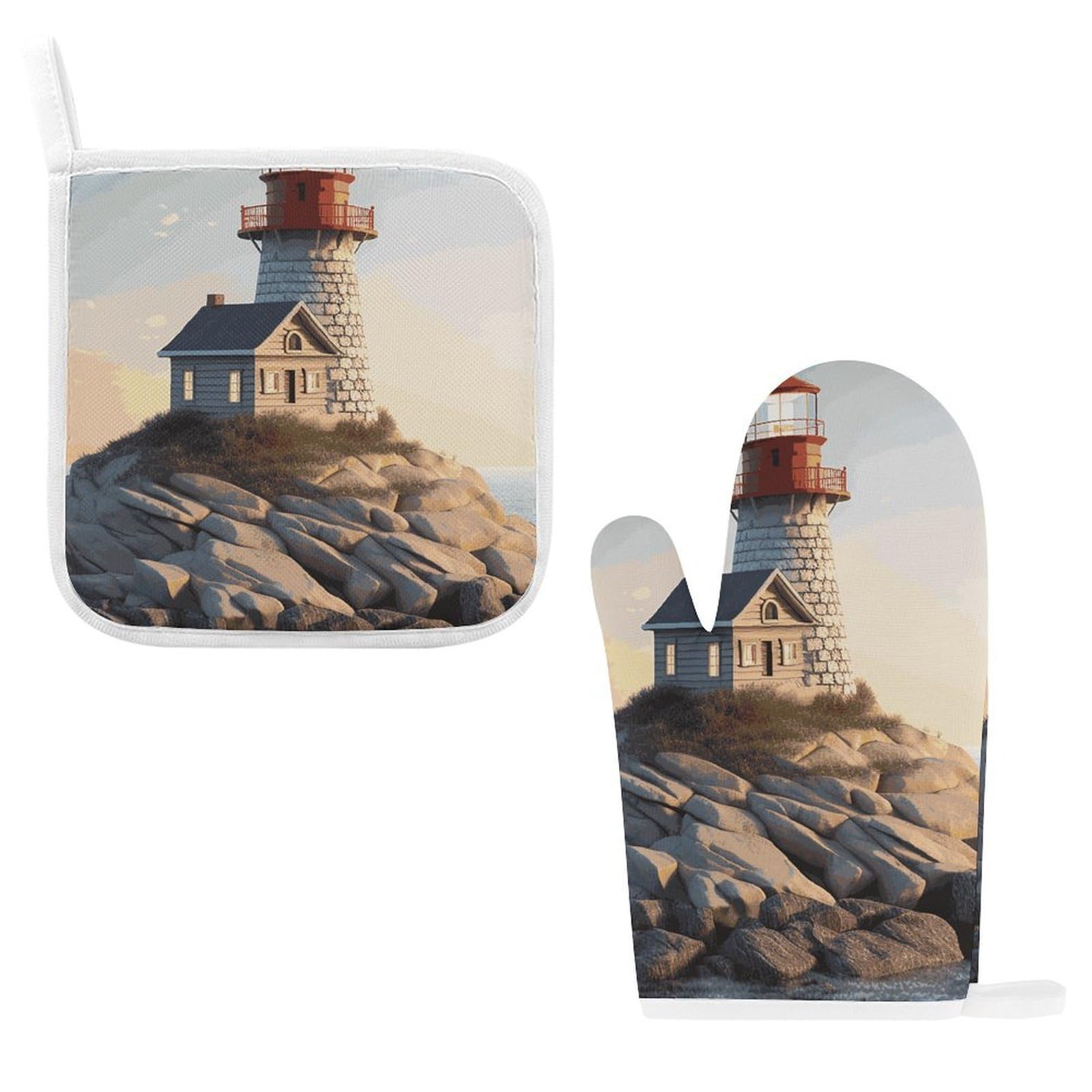 3D Seaside Lighthouse Oven Mitts and Pot Holders, Heat Resistant Non Slip Kitchen Gloves Hot Pads, Soft Lining Good Grip Oven Gloves Potholders for Cooking Baking Grilling