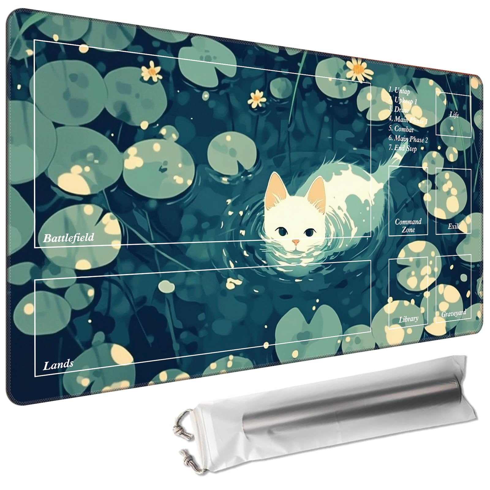 Cdkfxjy MTG Playmat with Magic Zone 27.5 x 15.7in Includes Storage Bag,TCG Playmat with Soft Surface Premium Non-Slip Rubber Backing Stitched Edges Durable Gaming Mat,Swimming Cat