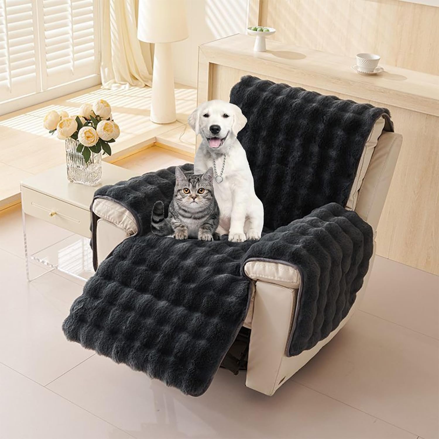 Plush Recliner Slipcover, Recliner Chair Covers Armrest Covers Headrest Cover for Sofa Recliner Protector Couch Sofa Covers, Washable Stay in Place Furniture Protector(Dark Gray)