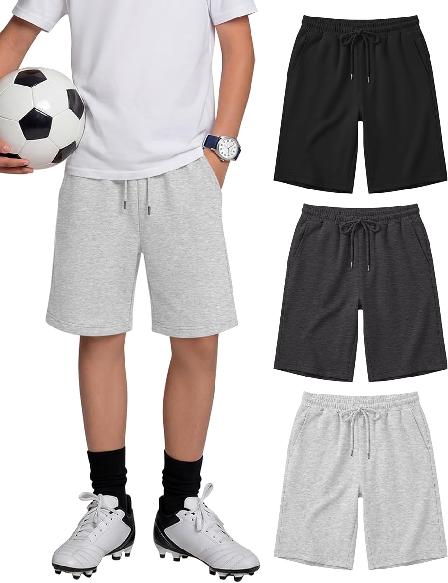 3 Pack Boys' Sweat Shorts | Loose Fit, 3 Pockets, Sizes 5-14Y, Drawstring, Elastic, Casual, Youth Bottom, Summer, Daily, School, Playground, Holiday