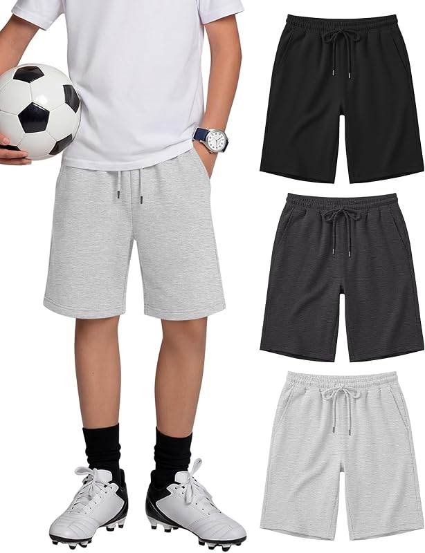 3 Pack Boys' Sweat Shorts | Loose Fit, 3 Pockets, Sizes 5-14Y, Drawstring, Elastic, Casual, Youth Bottom, Summer, Daily, School, Playground, Holiday