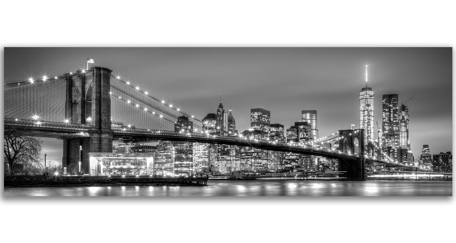 Feeby Bilder Brooklyn Bridge New York XXL 150x50cm 1 Teilig Wohnzimmer Schlafzimmer Büro Flur Küche Wandbilder Modern Wanddekoration Kunstdruck Design Gebäude Architektur Schwarz und Weiß
