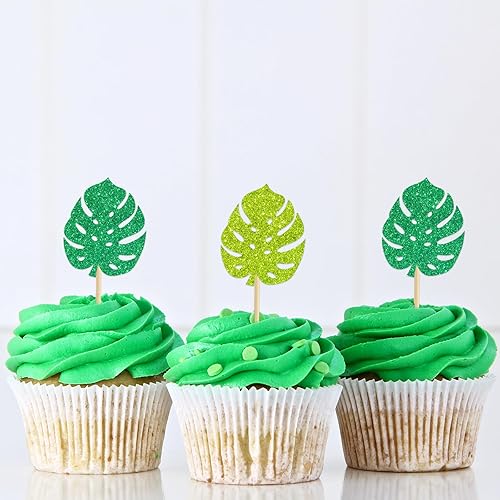 Miniatura 4 de Whaline 48 adornos para cupcakes con hojas tropicales con purpurina, hojas de palma verdes y diseños de tortuga feliz, perfectos para fiestas de