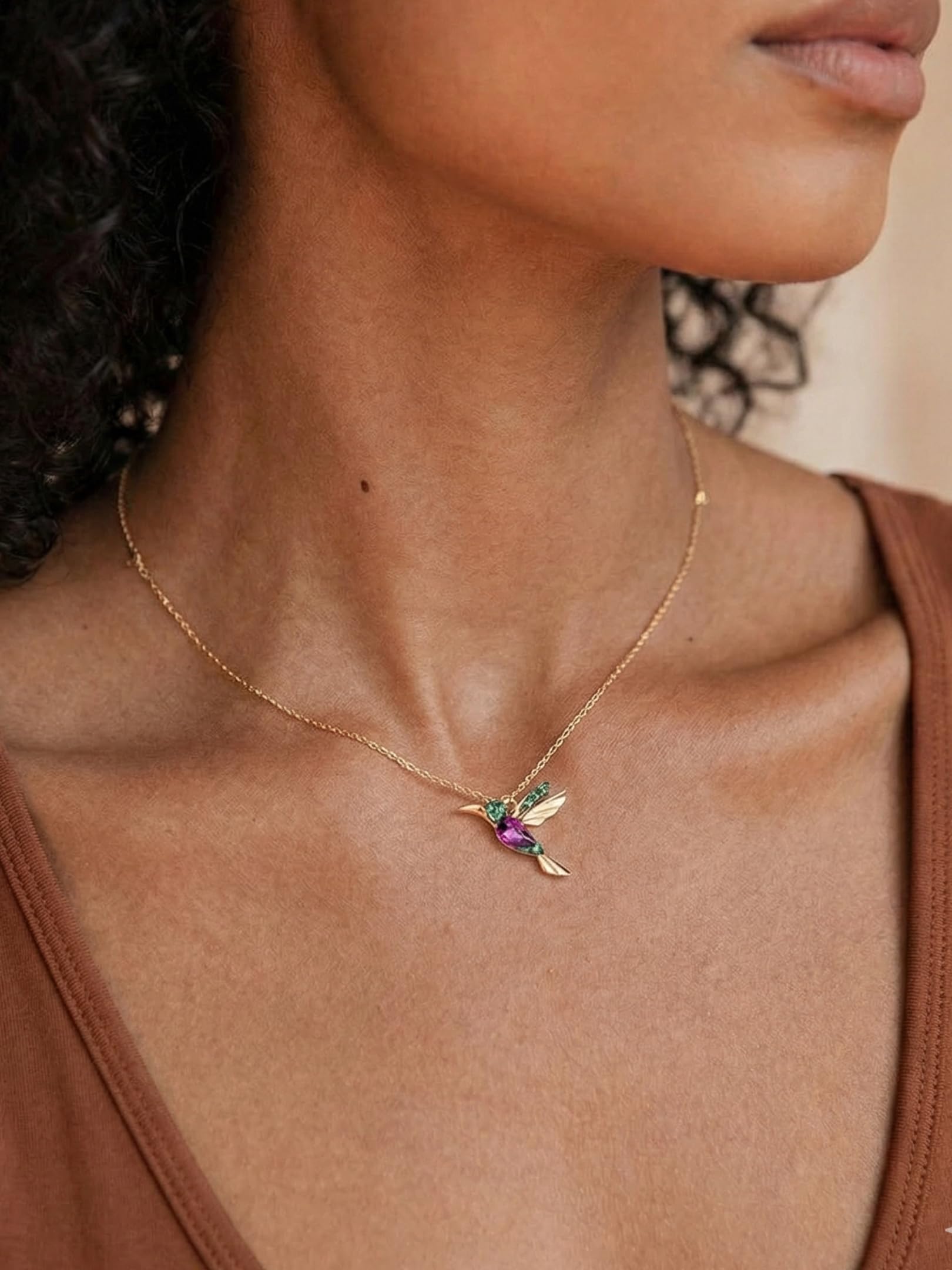 Einzelstück Collana con ciondolo a forma di colibrì, in argento Sterling 925, placcato oro, con zirconi cubici (colibrì oro)