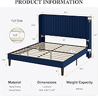 Vista 64 de SHA CERLIN Base de cama de terciopelo tamaño King con cabecera capitoné de canal vertical, plataforma tapizada con listones de madera, no necesita