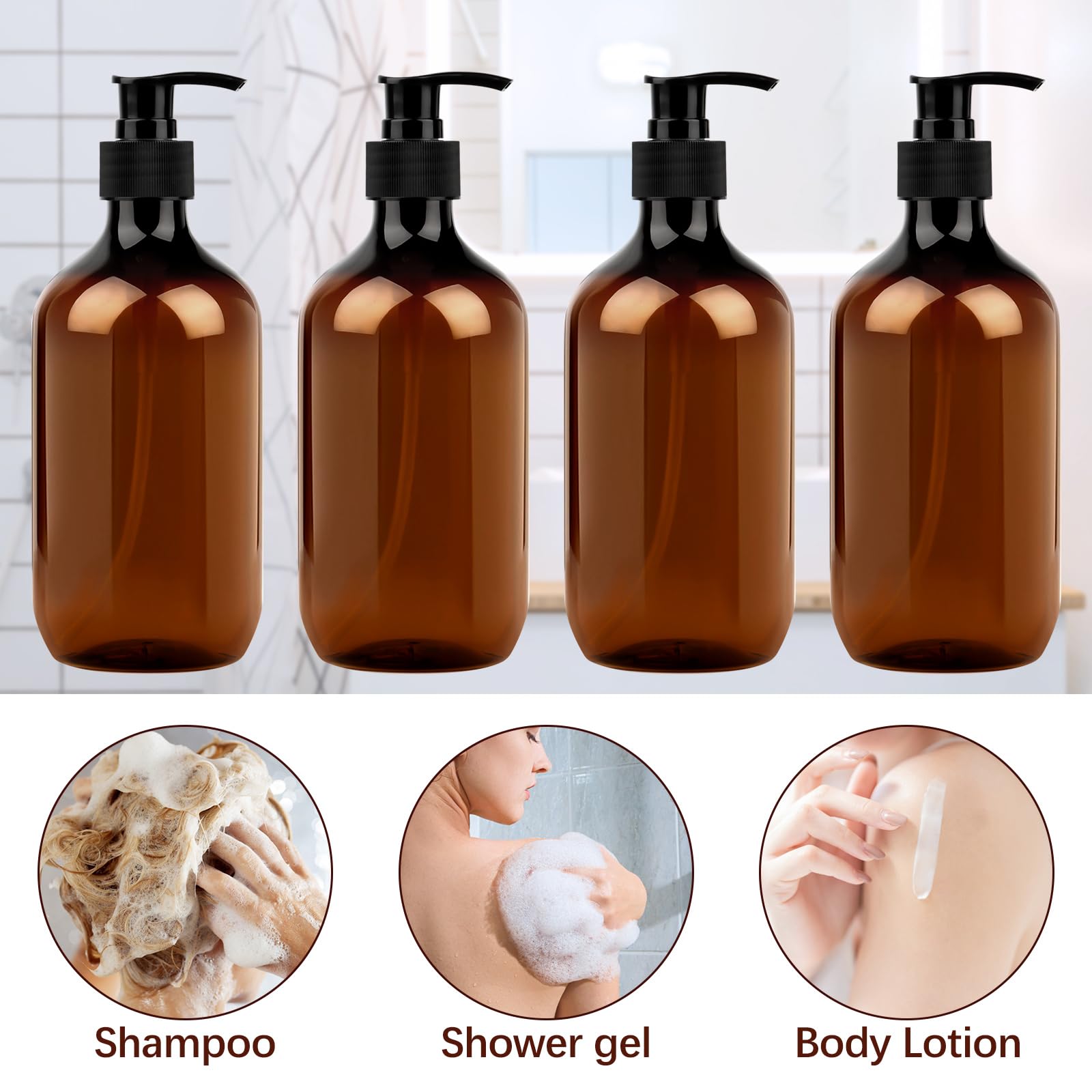 Bouteilles Shampooing Vides 500ml - Lot De 4 Distributeurs Pompe PET Ambre Pour Gel Douche, Savon Liquide