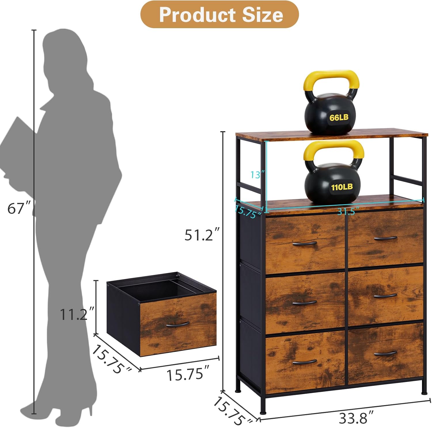 51" H Tall Mobile File Cabinet, Rolling Printer Stand with 6 Drawers, Adjustable Hanging Rails for A4/Letter/Legal Files, Fabric Vertical Filing Cabinet for Home Office, Rustic Brown