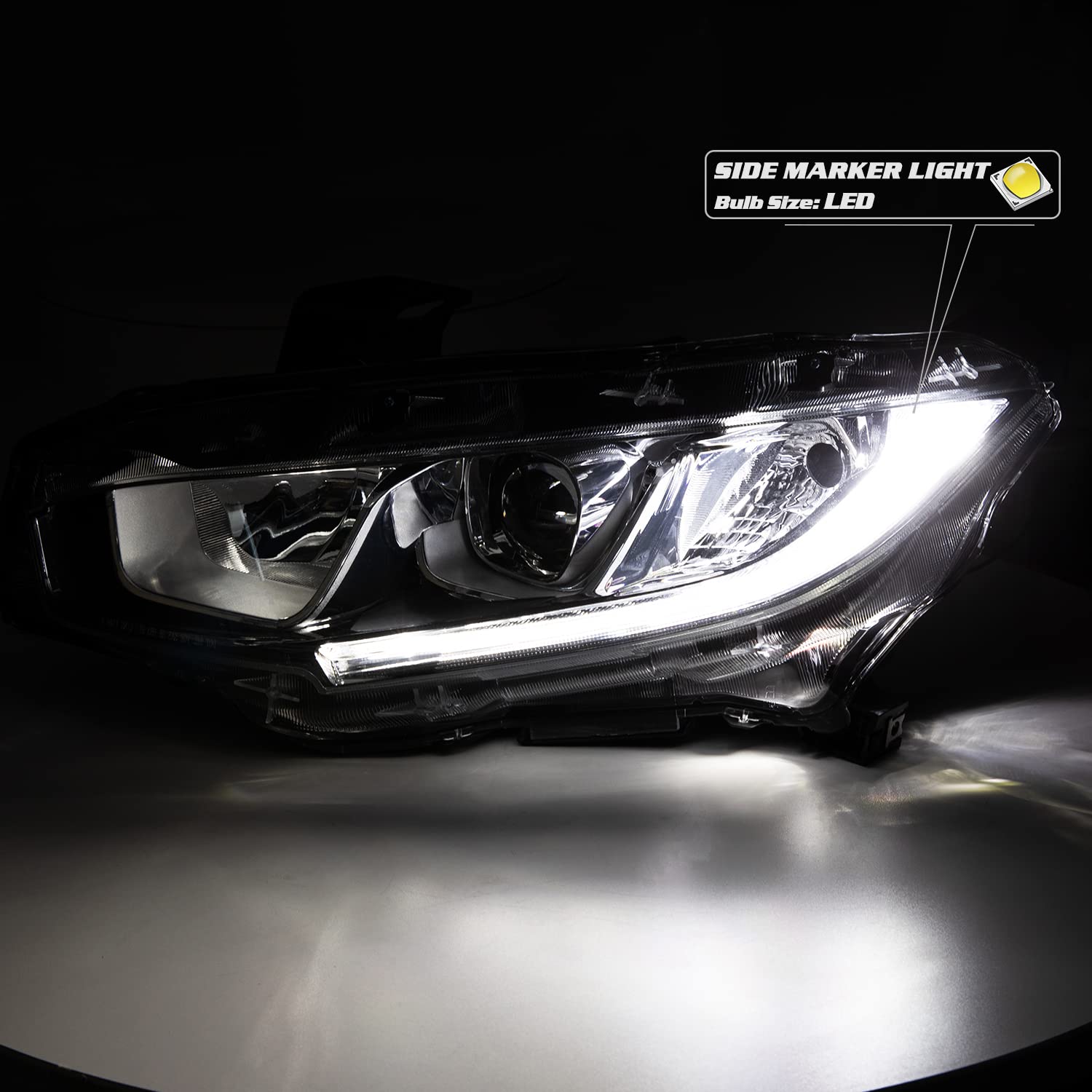 Left Driver Side Headlight Assembly For 2016-2021 Honda Civic - Halogen With LED DRL, Direct Fit Replacement