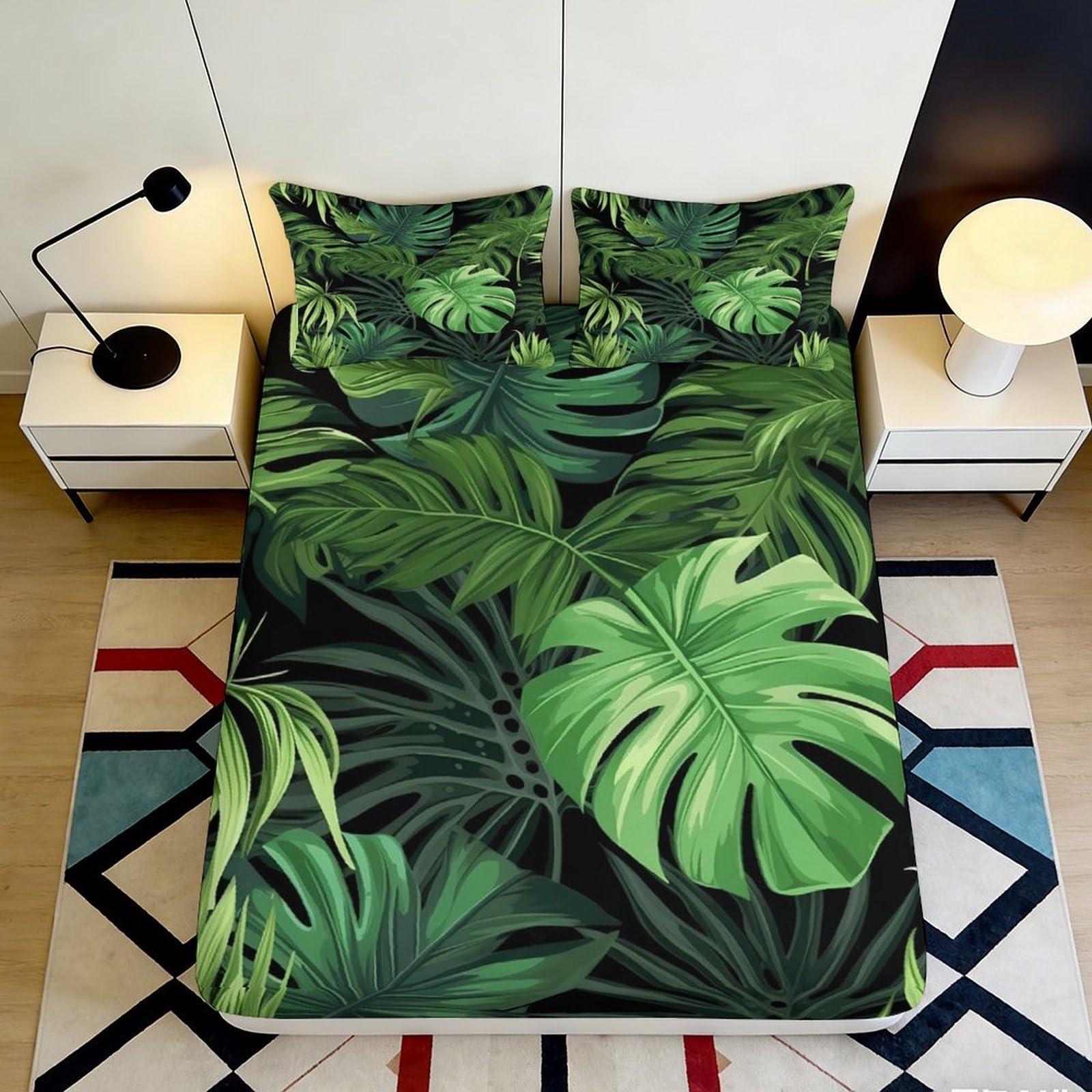 3D Printed Tropical Leaves Fitted Sheet Microfiber Soft Breathable Jungle Pattern Bed Cover for Bedroom Dormitory Guest Room Mattress Protection Decor 90x200x25cm