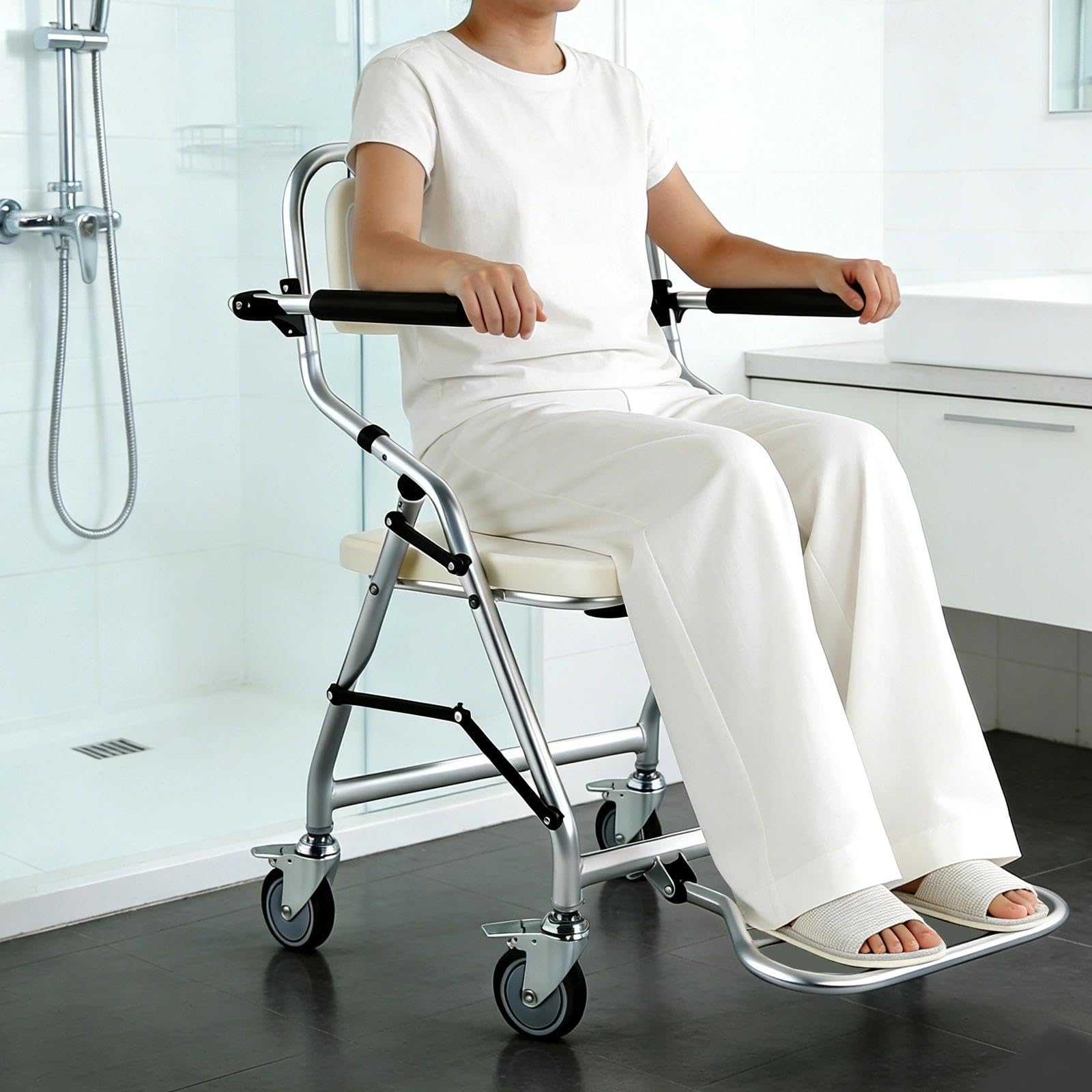 Silla de Ducha para Personas Mayores, 3 en 1 Silla Ducha WC con Ruedas Plegable, Taburetes de Ducha con Brazos Plegables y Reposapiés Plegables para Discapacitados, Carga Máxima 120 kg