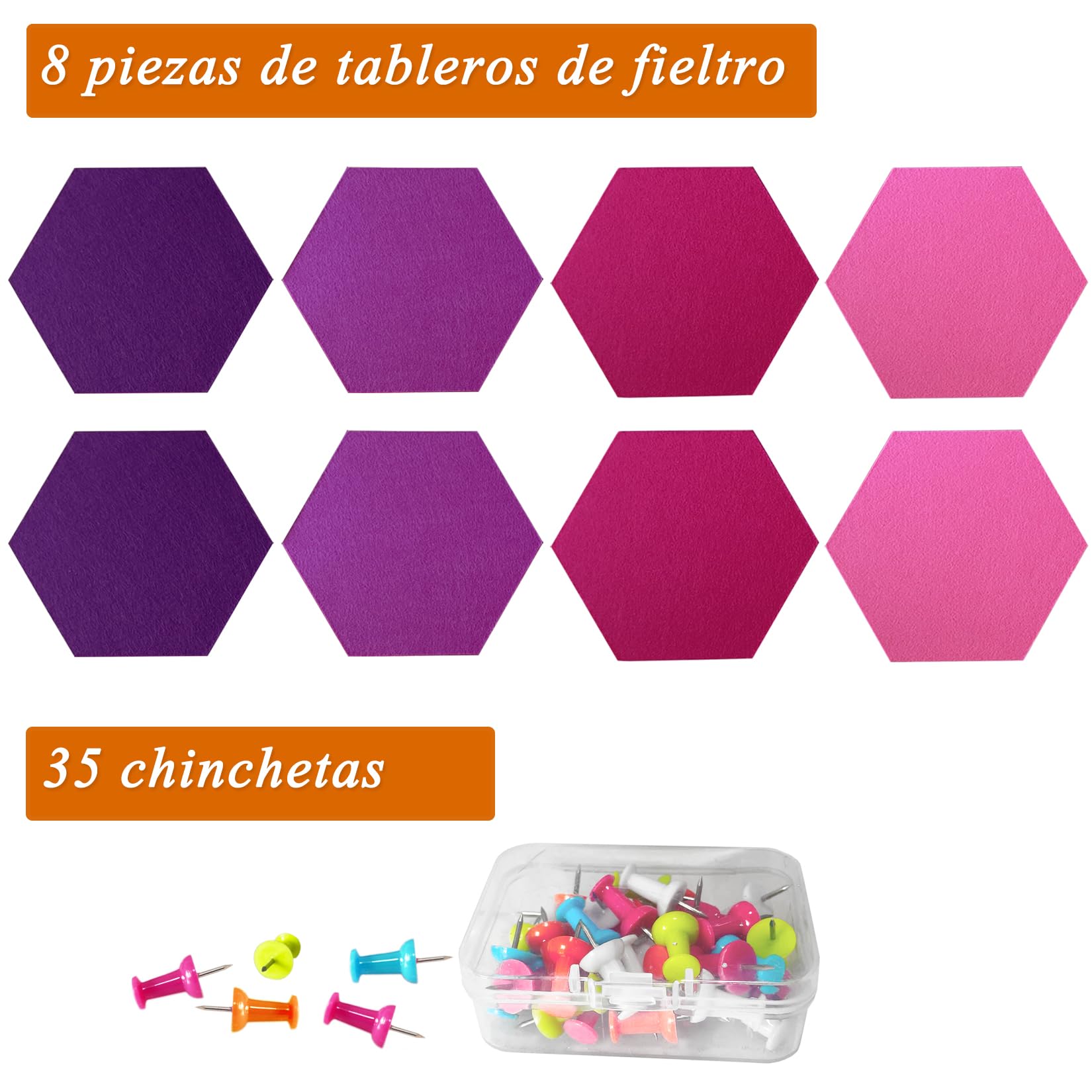 8 tableros de corcho de fieltro hexagonales, autoadhesivos, para oficina, escuela, hogar, decoración de pared, pegatinas, notas, fotos(Morado degradado)