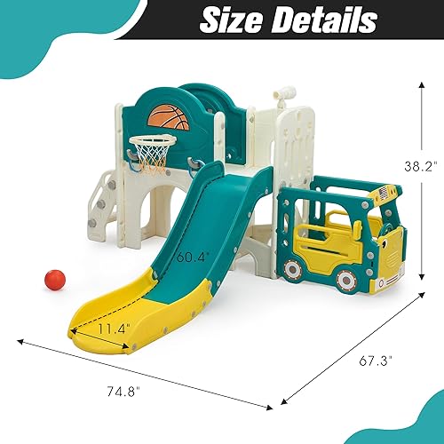 Miniatura 3 de Juego de toboganes 5 en 1 para niños pequeños, estructura de juego para bebés, tobogán para niños con columpio, aro de baloncesto y pelota, campo de