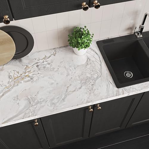 Miniatura 3 de VEELIKE Papel adhesivo de mármol dorado crema para encimeras, papel tapiz de mármol impermeable para encimeras de cocina, 15.7 x 354 pulgadas, papel