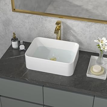 Sarlai Countertop Ceramic Bathroom Sink, Non-Porous Nano Glaze 40x30x13cm | Modern Gloss White Rectangular Cloakroom Basin, High-Fired Ceramic,Scratch-Resistant,Deep Anti-Splash for Vanity & Bathrooms