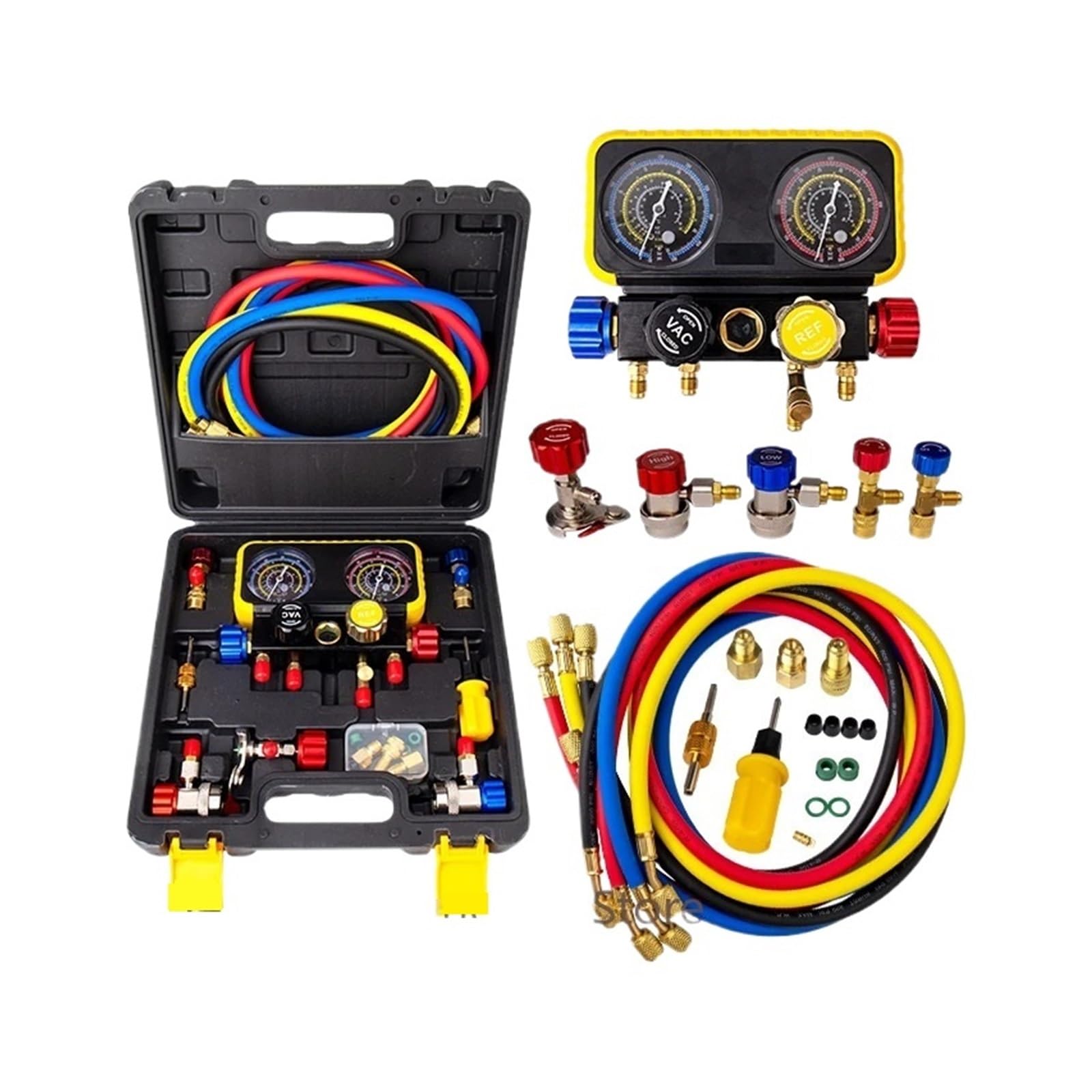 Manómetro, Juego de manómetros 4 vías, herramienta diagnóstico para HVAC R134a R410a