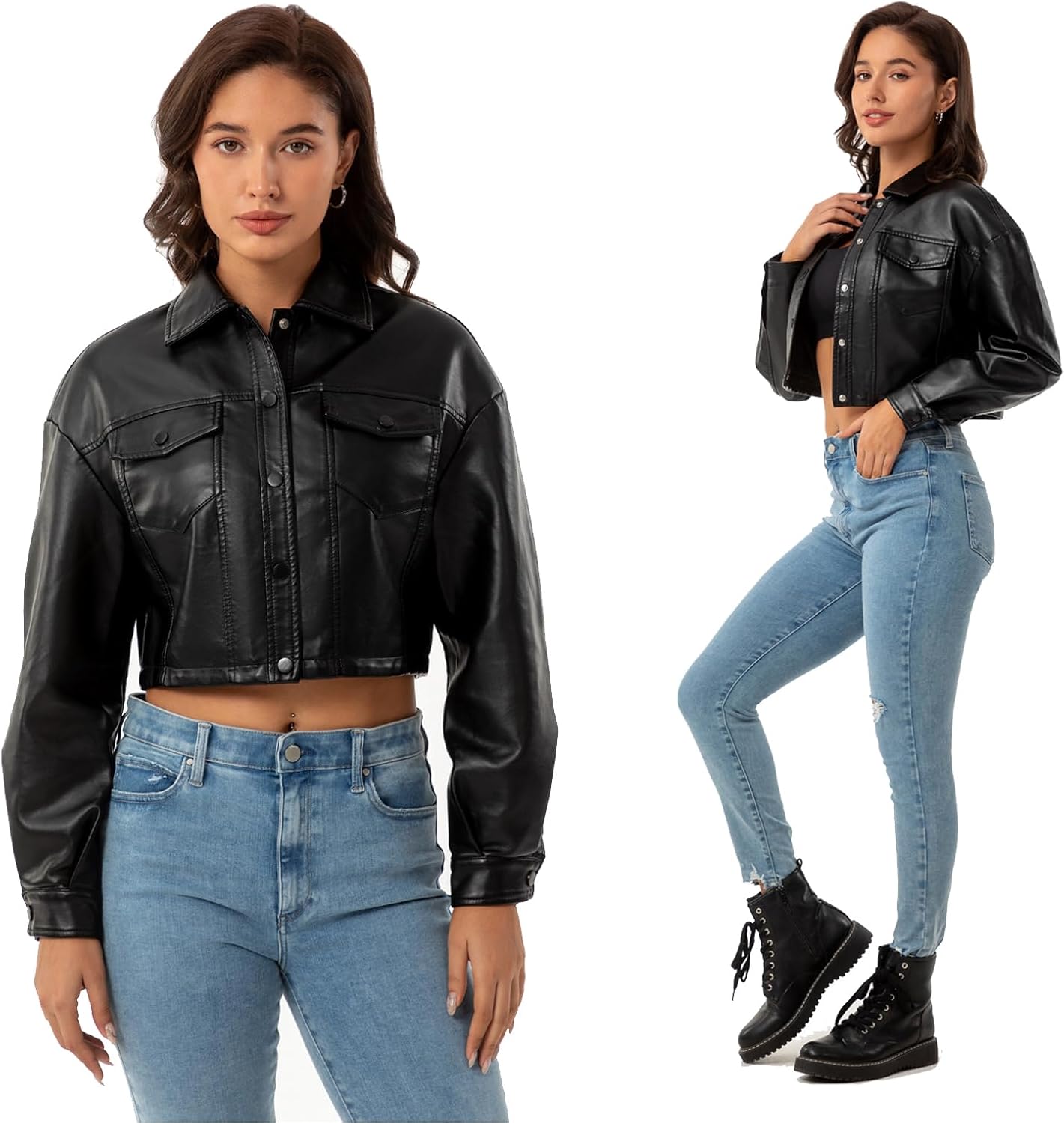 CHIGUO Women Faux Leather Cropped Jacket Trendy Moto Biker Short Jacket Fashion PU Coat Party Jacket - Image 4