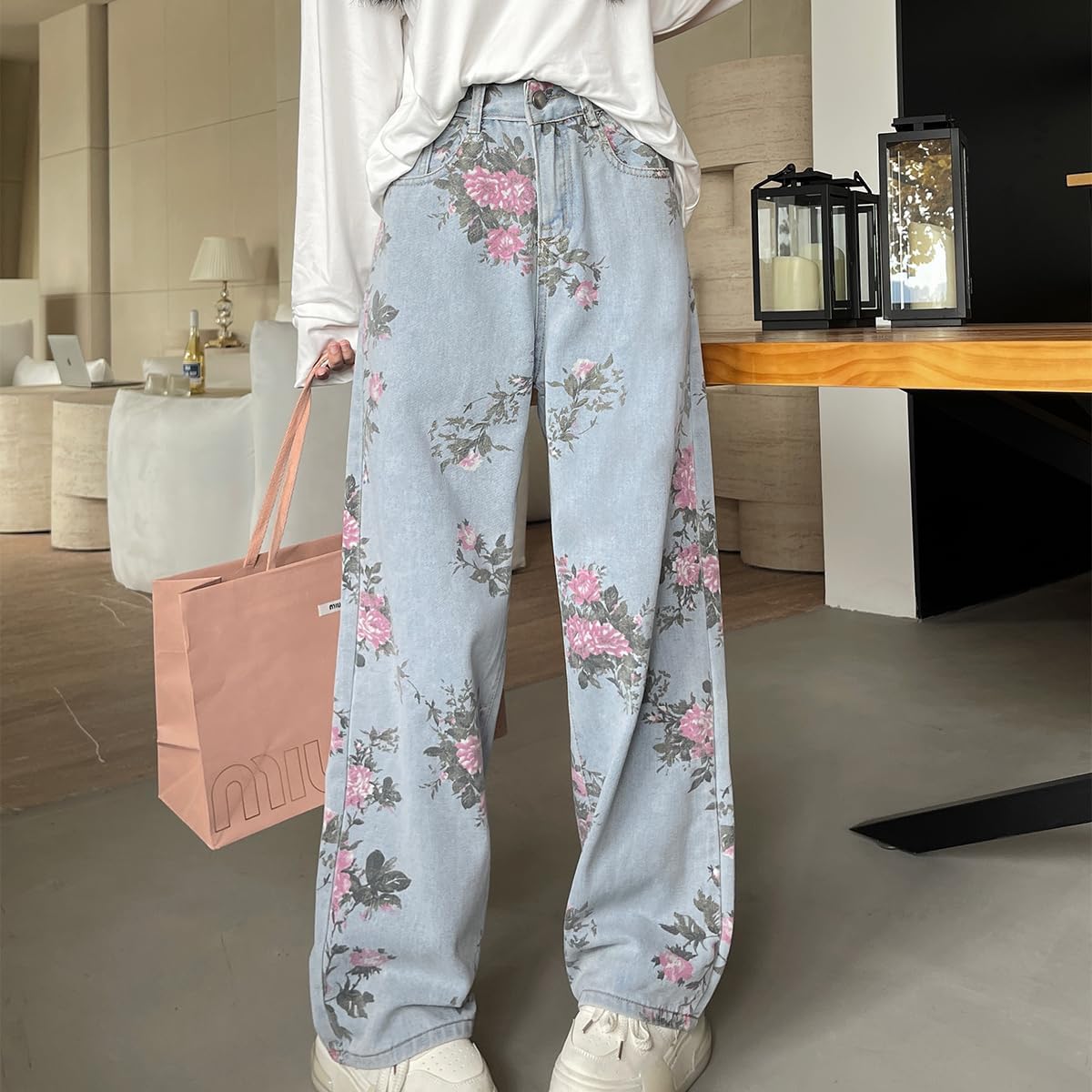 Casual Y2K Straight Leg High Waisted Jeans for Women Fashion Simplicity Cute Floral Printed Denim Pants - Image 7