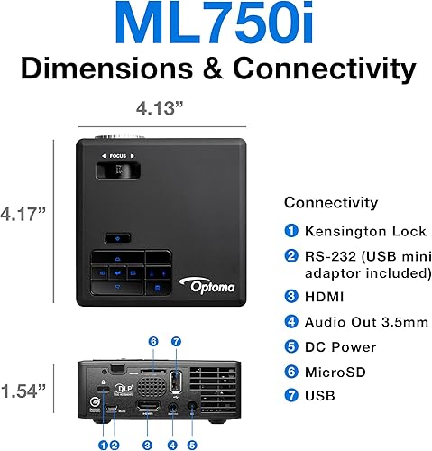 Miniatura 9 de Optoma ML750i Mini proyector LED portátil para negocios - WXGA 1280 x 800, 450700 lúmenes, menos de 1 libra, proyecto a través de HDMI, USB-A o