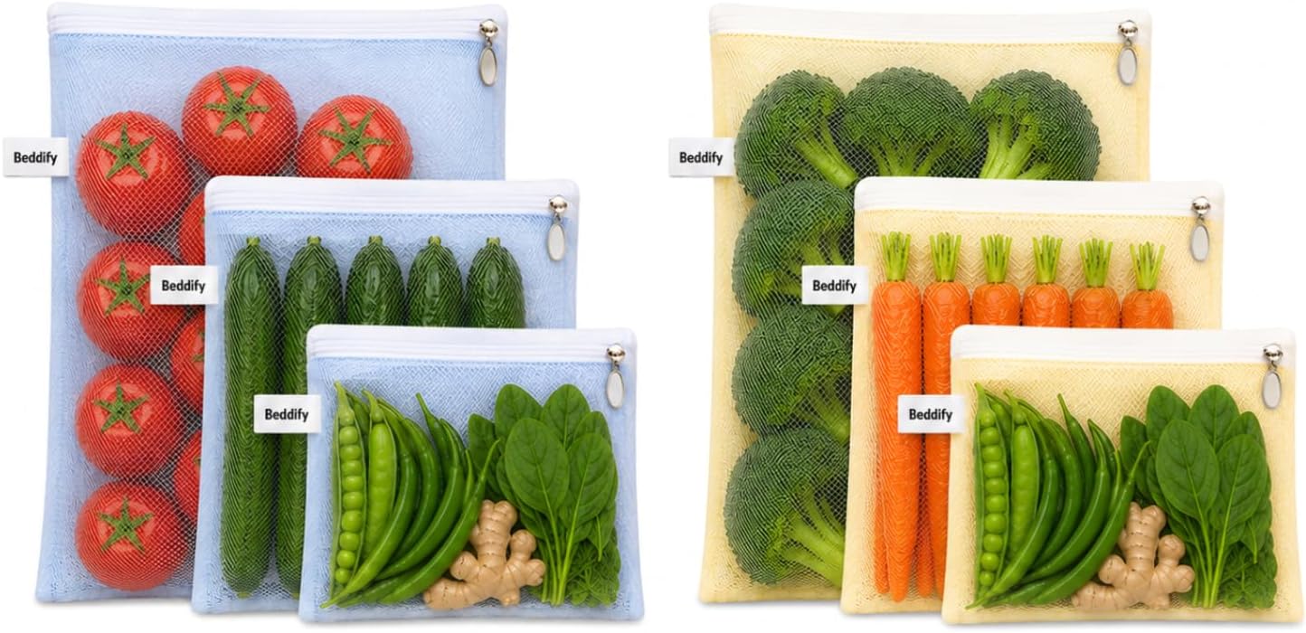 Set of 6 Reusable Fridge Storage Bags for Vegetables and Fruits with Zipper Dual Layer Mesh Net Multipurpose Multi-Size Kitchen Storage Bags Organizer (Multi-Color)