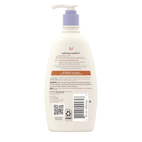 Miniatura 5 de Aveeno Baby Loción corporal hidratante calmante Comfort con aromas relajantes de lavanda y vainilla, loción para bebé no grasa, avena prebiótica