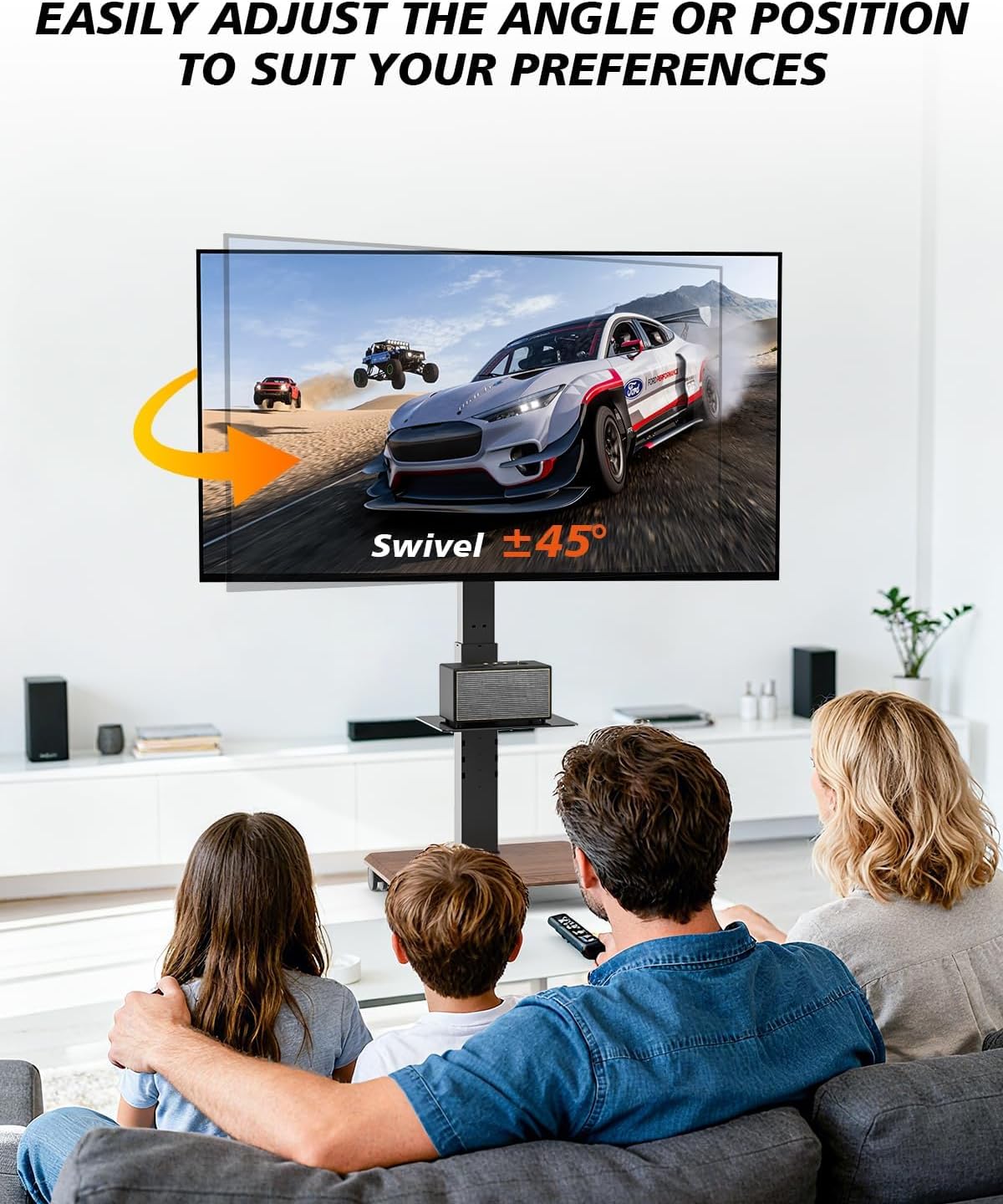 Mobile TV Stand with Glass Shelf, Swivel Rolling TV Cart for 32-75 Inch TVs up to 132 Lbs, Height Adjustable Portable Stand on Locking Wheels, Max Vesa 600x400mm, Black