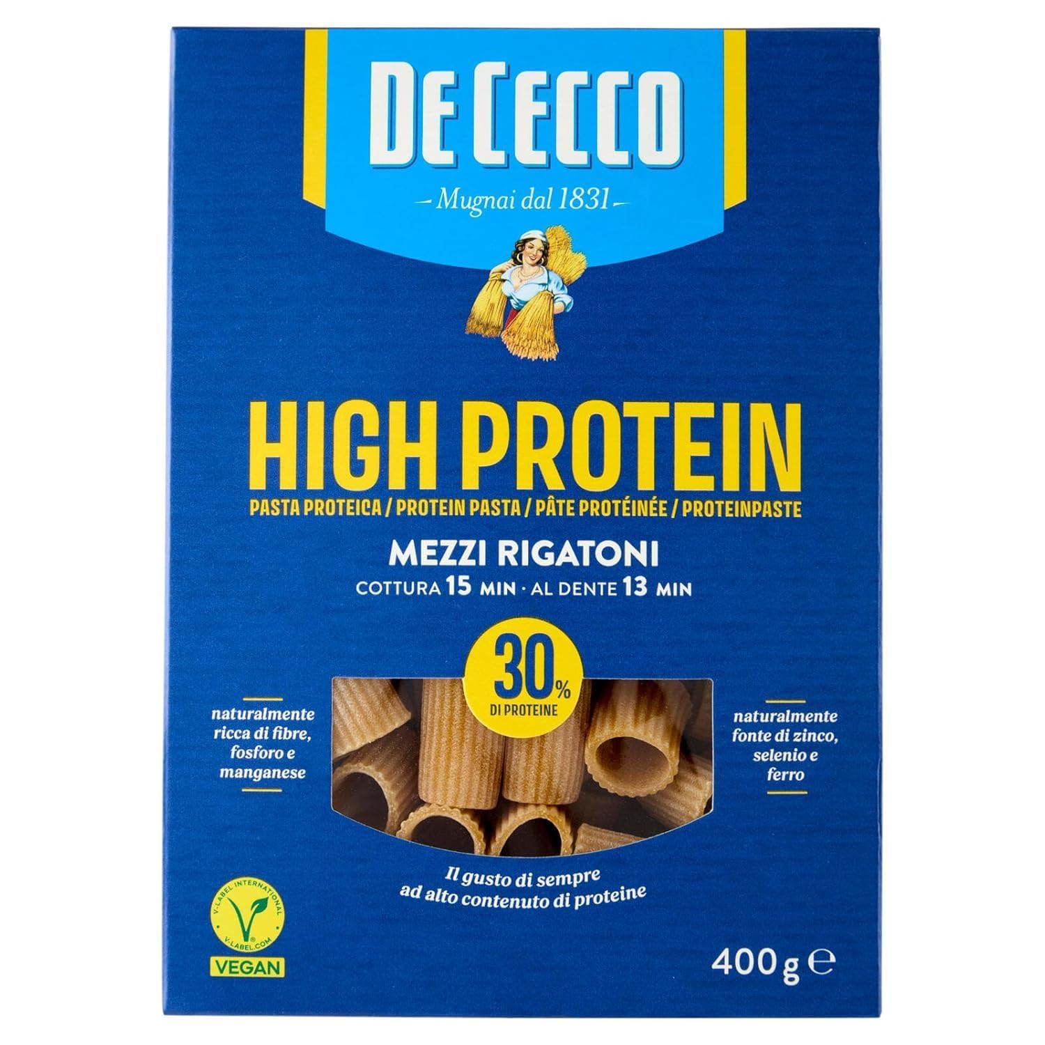 Italian Gourmet Pasta Mezzi Rigatoni proteica High Protein vegan 12 x 400g | 30% Eiweiß / ideale per sport, Muskelaufbau, Meal Prep, schnelle Gerichte, Gesamtnettogewicht 4,8 kg + Kostenlos Polpa 400g