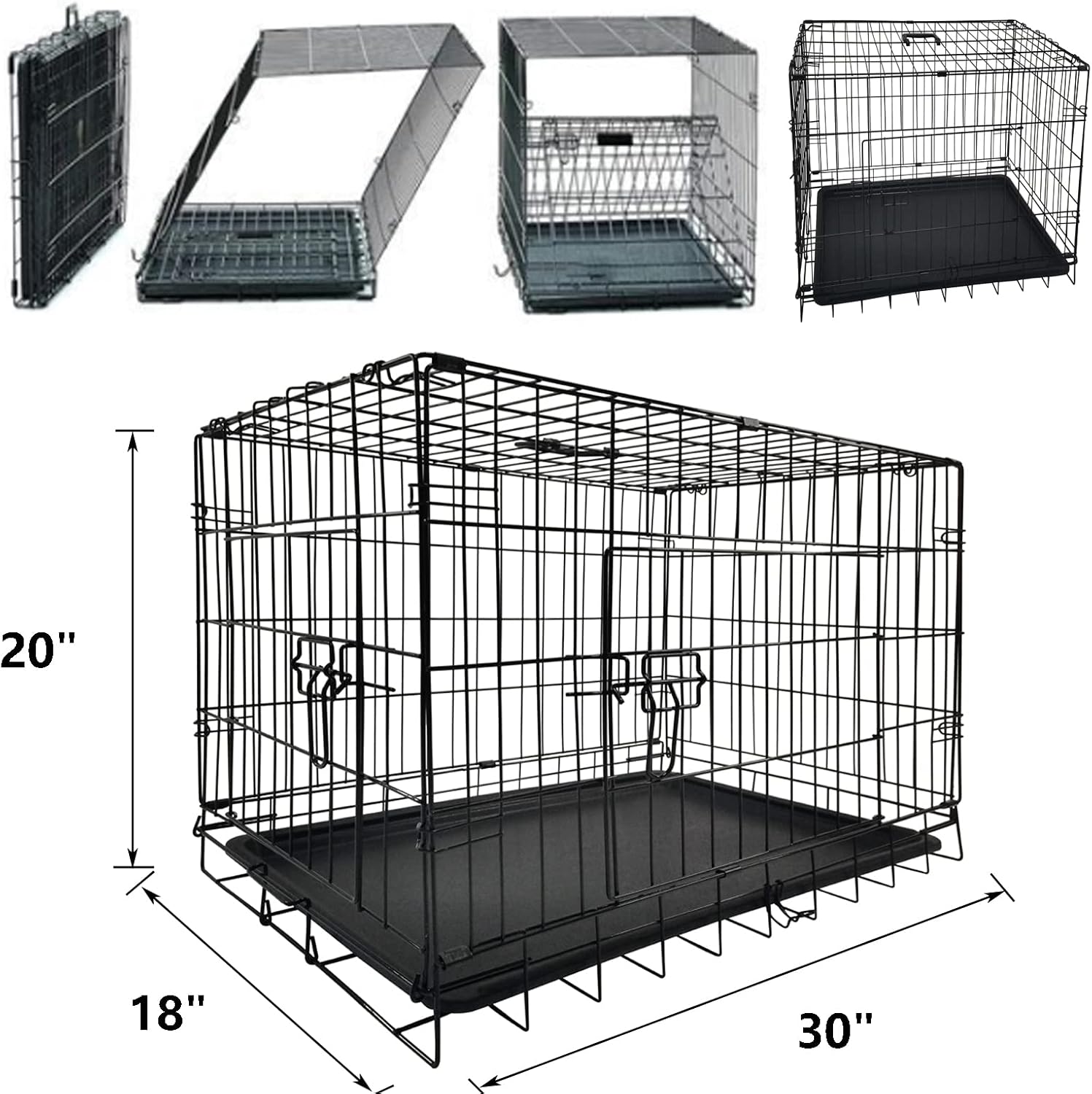Dog Crate Medium Size Puppy Crate Large Dog Cage for Car Boot, 2 Door 4 Locks Puppy Playpen with Non-Chew Metal Removable Base Tray, Steady Handle Easy to Carry/Transport, 30-inch Black