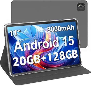 Android 15 Tablet, 11 Inch Tablet with 8000 mAh, Octa-Core, 20GB RAM 128GB ROM 2TB Expansion, 1920x1200, 5MP+8MP, 2.4G/5G WiFi, Support GMS GPS Face Unlock Parent Control, Case Included