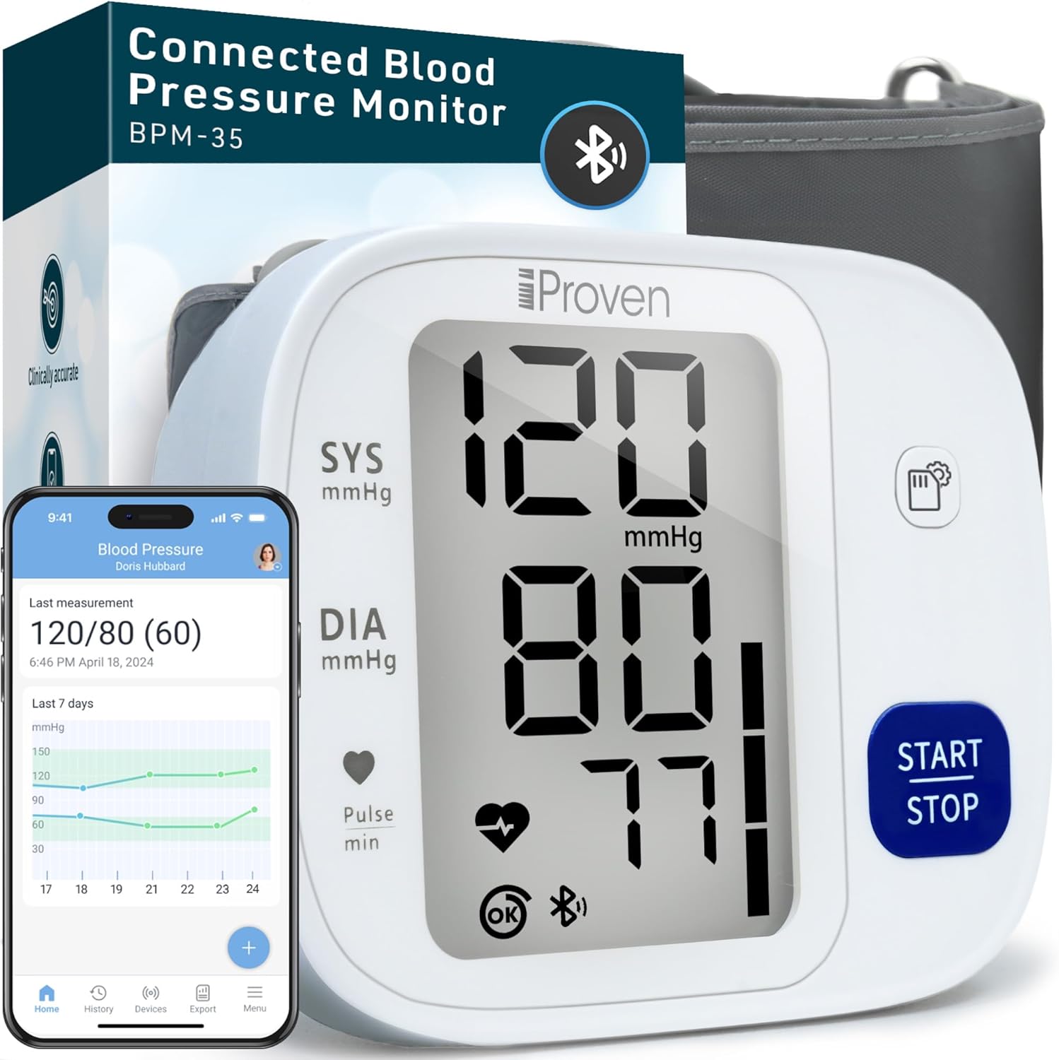 iProven Blood Pressure Monitor Bluetooth for Home Use – Upper Arm with App Integration, Easy-to-Use One-Touch Operation, and Large Backlit Display for Convenient Monitoring.