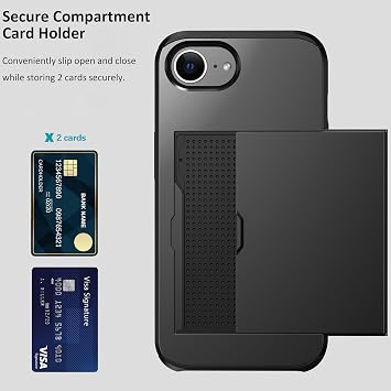 iPhone 16e用ケース クレジットカードホルダー付き ウォレットケース スライドカバー デュアルレイヤー ハード PC ラバーカバー 電話ケース iPhone 16e 6.1インチ 2025年用 ブラック