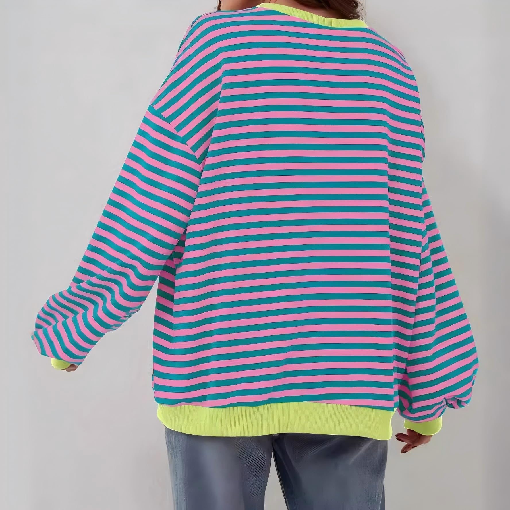 Sudadera de gran tamaño a rayas con cuello redondo para mujer, manga larga, casual, ajuste holgado, hombros caídos, uso diario — view 2