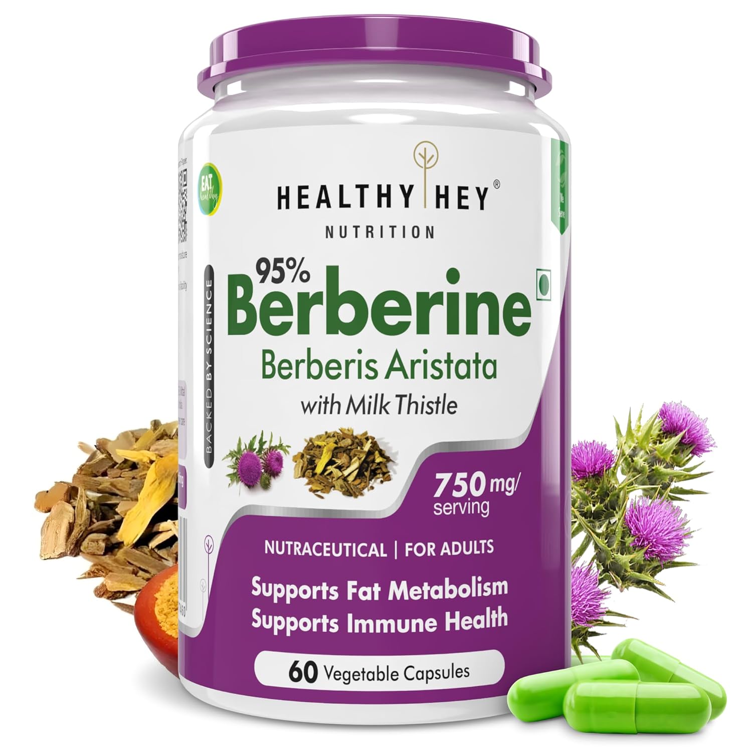 HealthyHey Berberis - Berberine 95% with milk Thistle - Support Weight Management & Healthy Glucose Levels Supplements - 750 mg Veg. 60 Capsules - Amazon product rated Grade B