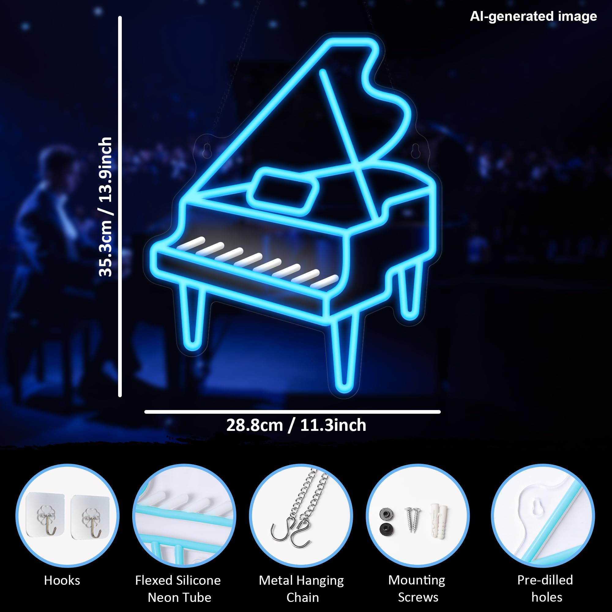 CoolGift Mart Luce al neon a forma di pianoforte, dimmerabile, a LED, da parete, alimentazione USB, decorazioni per camera da letto, soggiorno, club, studio, regalo per gli amanti della musica