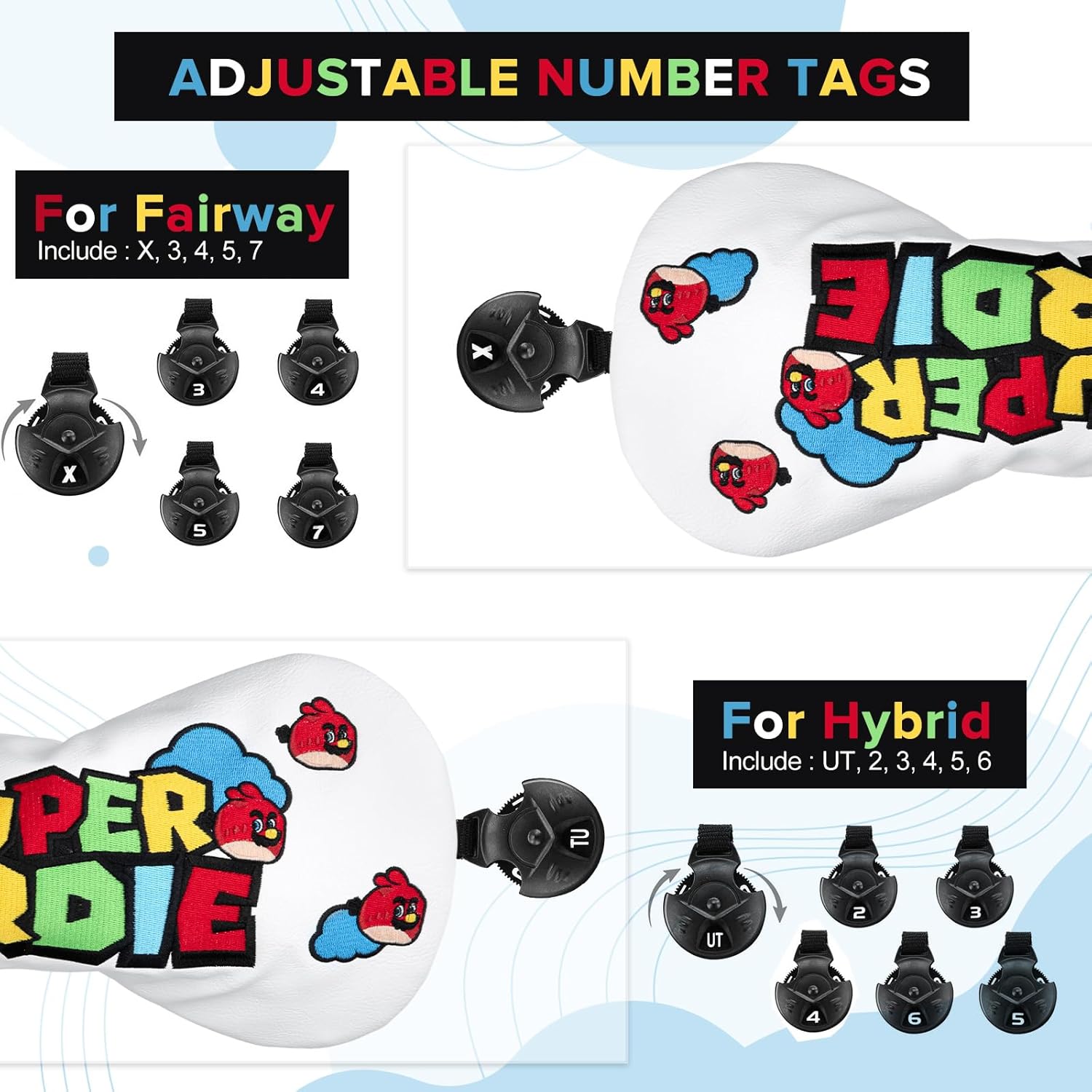 Golf Club Head Covers, Super Birdie Design Golf Driver Covers, Fairway Wood and Hybrid Head Covers with Interchangeable Tags, Premium PU Leather Golf Club Covers