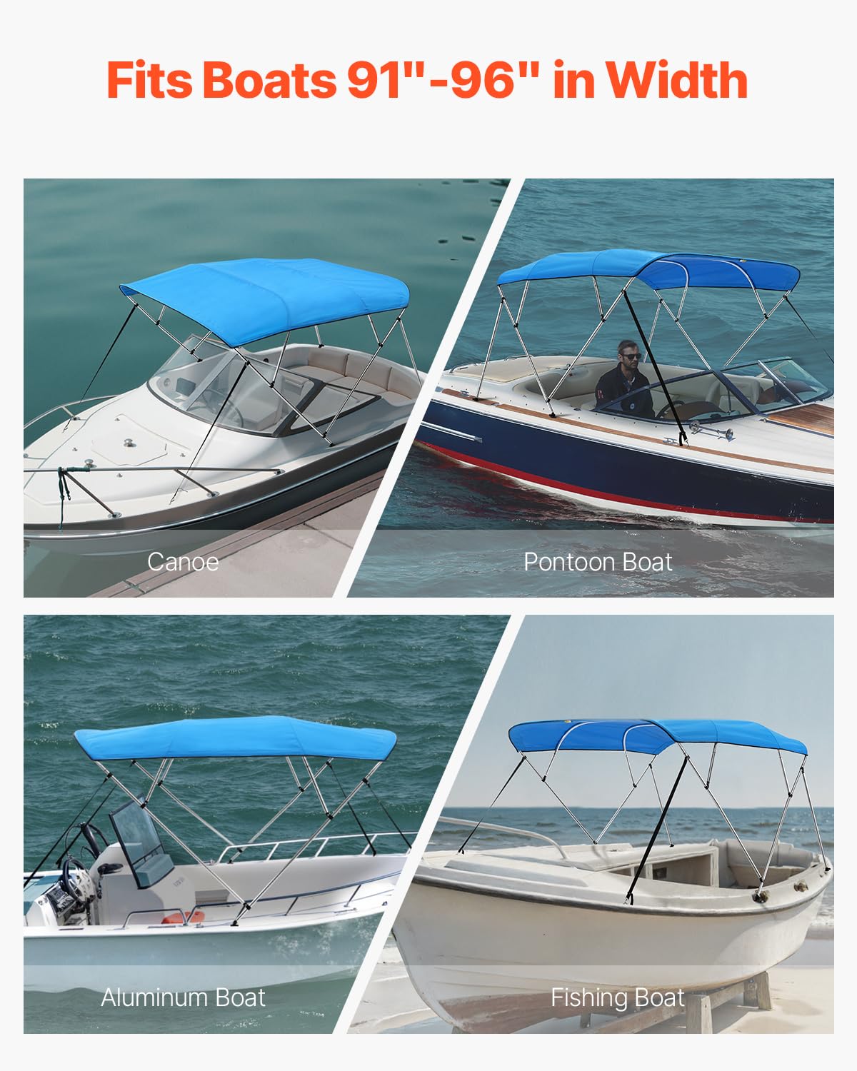 VEVOR Tendalino per Barca a 4 Archi Regolabile 243 x 137 x 231-244 cm, Tenda Parasole Telaio in Lega di Alluminio Tela di Poliestere 900D, Tendalino Tettoia Parasole Pieghevole per Barca a Vela Blu
