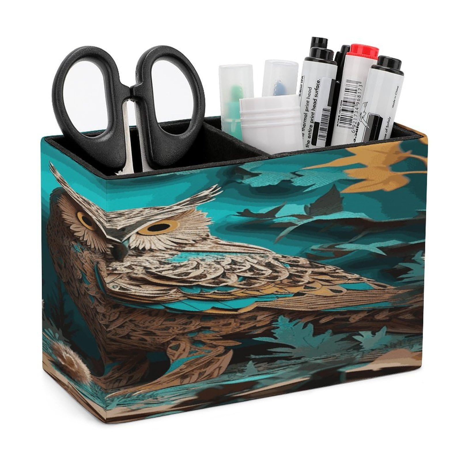 LDGSUPH Owl Leather Pen Holder for Desk Organizer Caddy Large Pencil Cup Multi-function Pencil Holder Makeup Brush Holders Pen Organizer for Home Office Storage Box