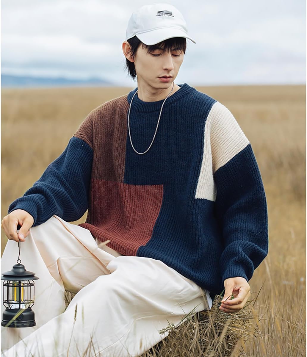 American Men's Pullover Spliced Warm Sweater, high-end Niche Long Sleeved top, Round Neck Casual Design Jacket - Image 2
