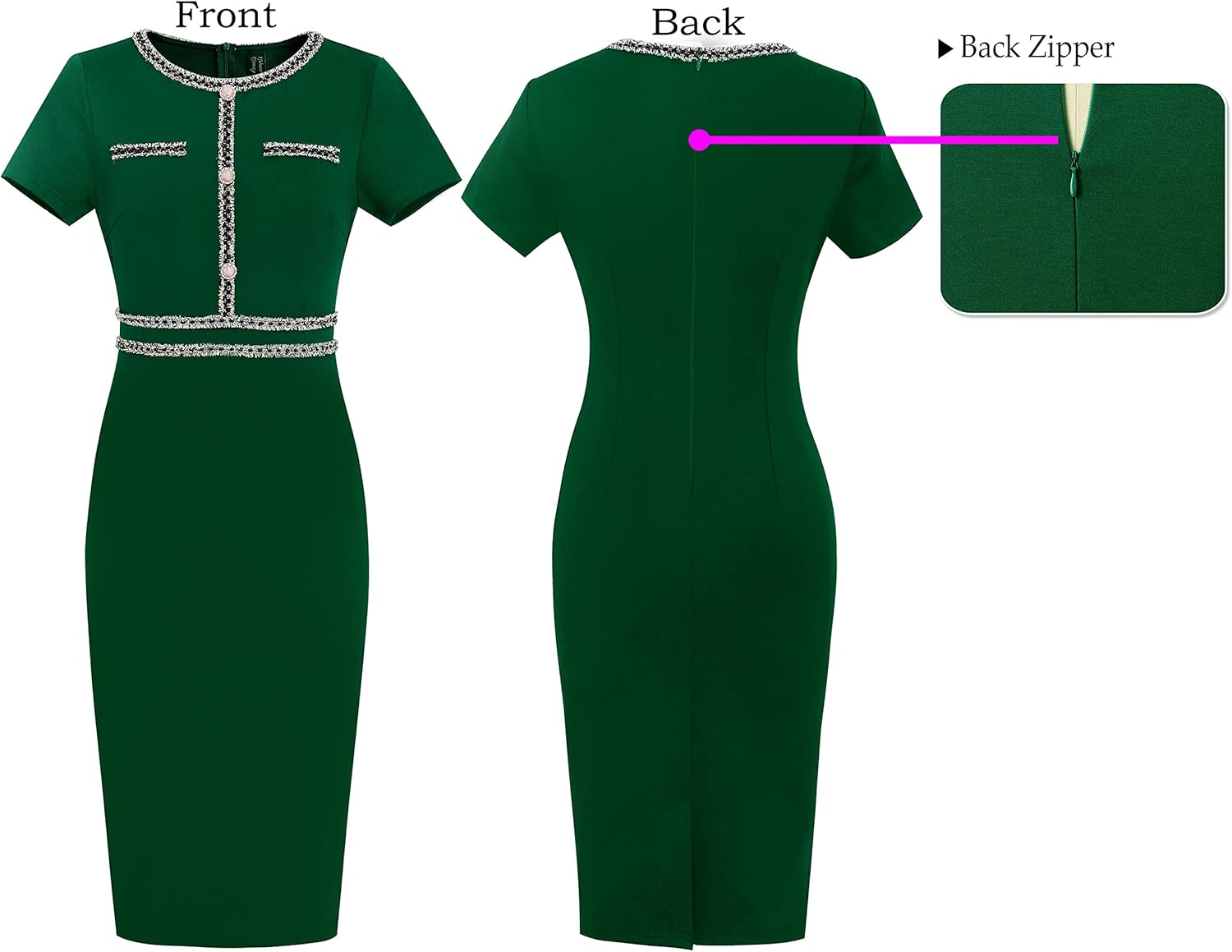 VFSHOW Womens Crew Neck Button Business Work Office Bodycon Dress Short Sleeve Patchwork Tweed Trim Party Pencil Sheath Dress - Image 4